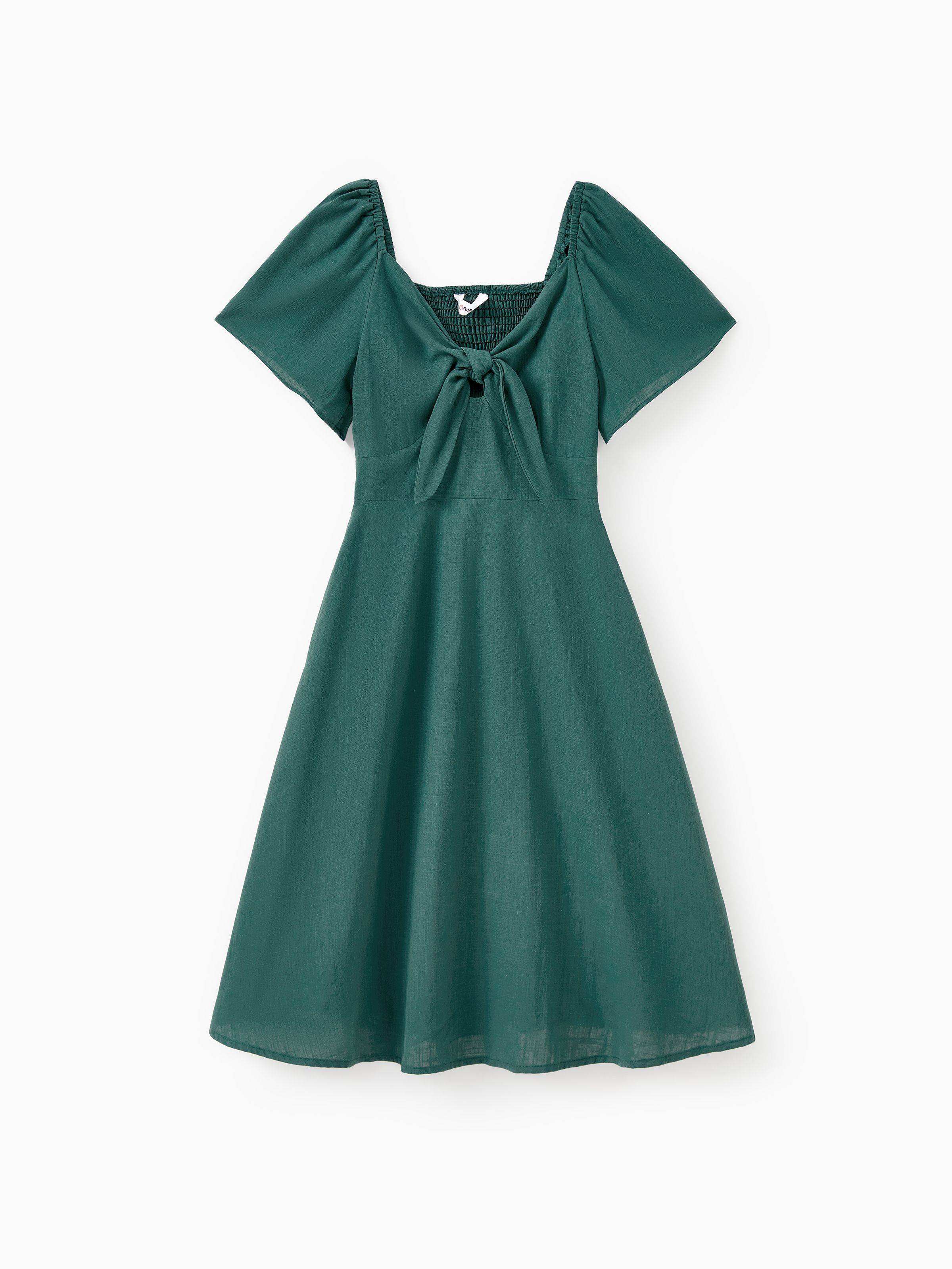 

Mommy and Me 100% Cotton Muslin Green Shirred Back Twist Knot Flutter Sleeves Dress