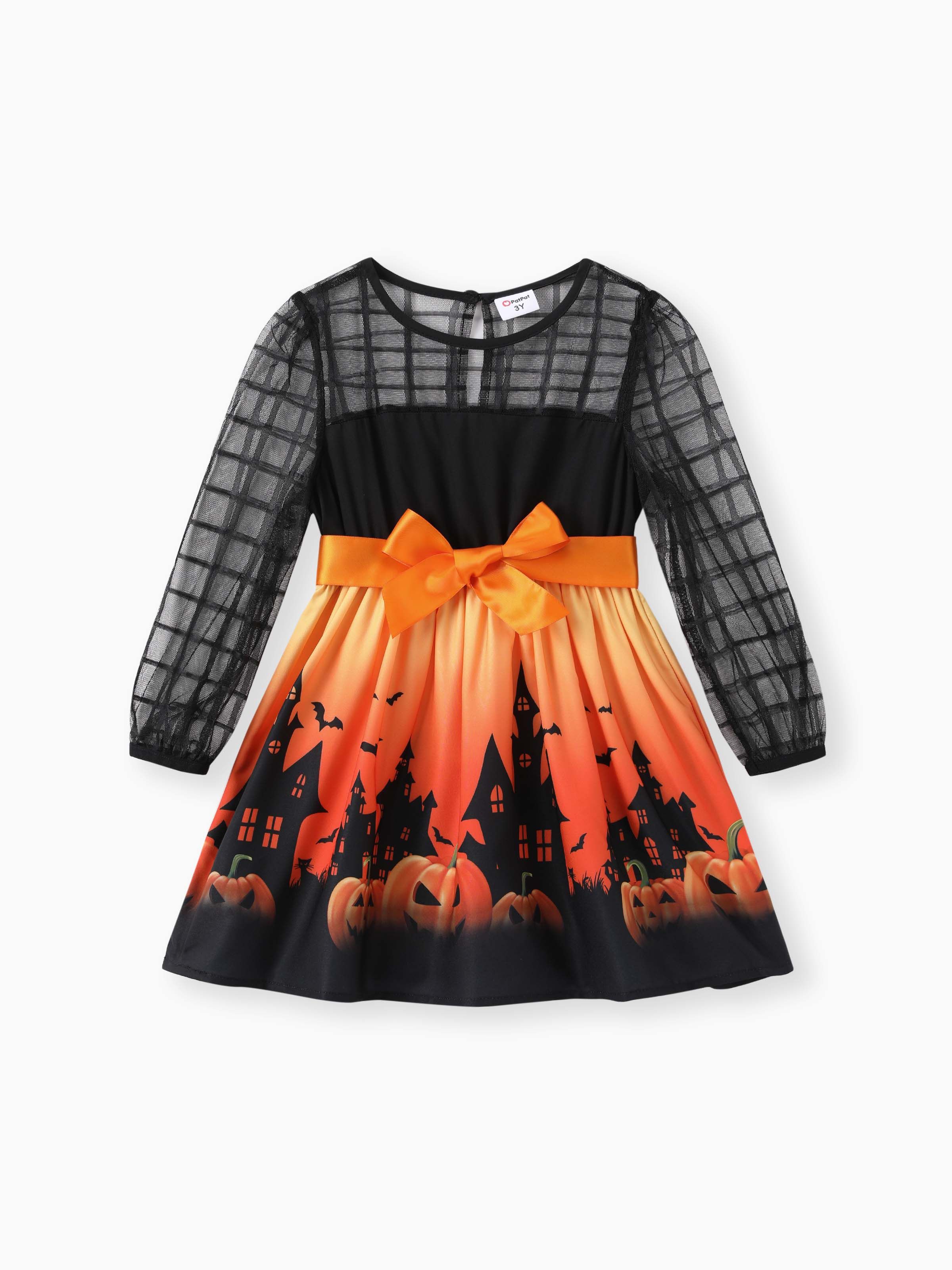 

Toddler/Kid Girl Halloween Pumpkin Print Mesh Dress