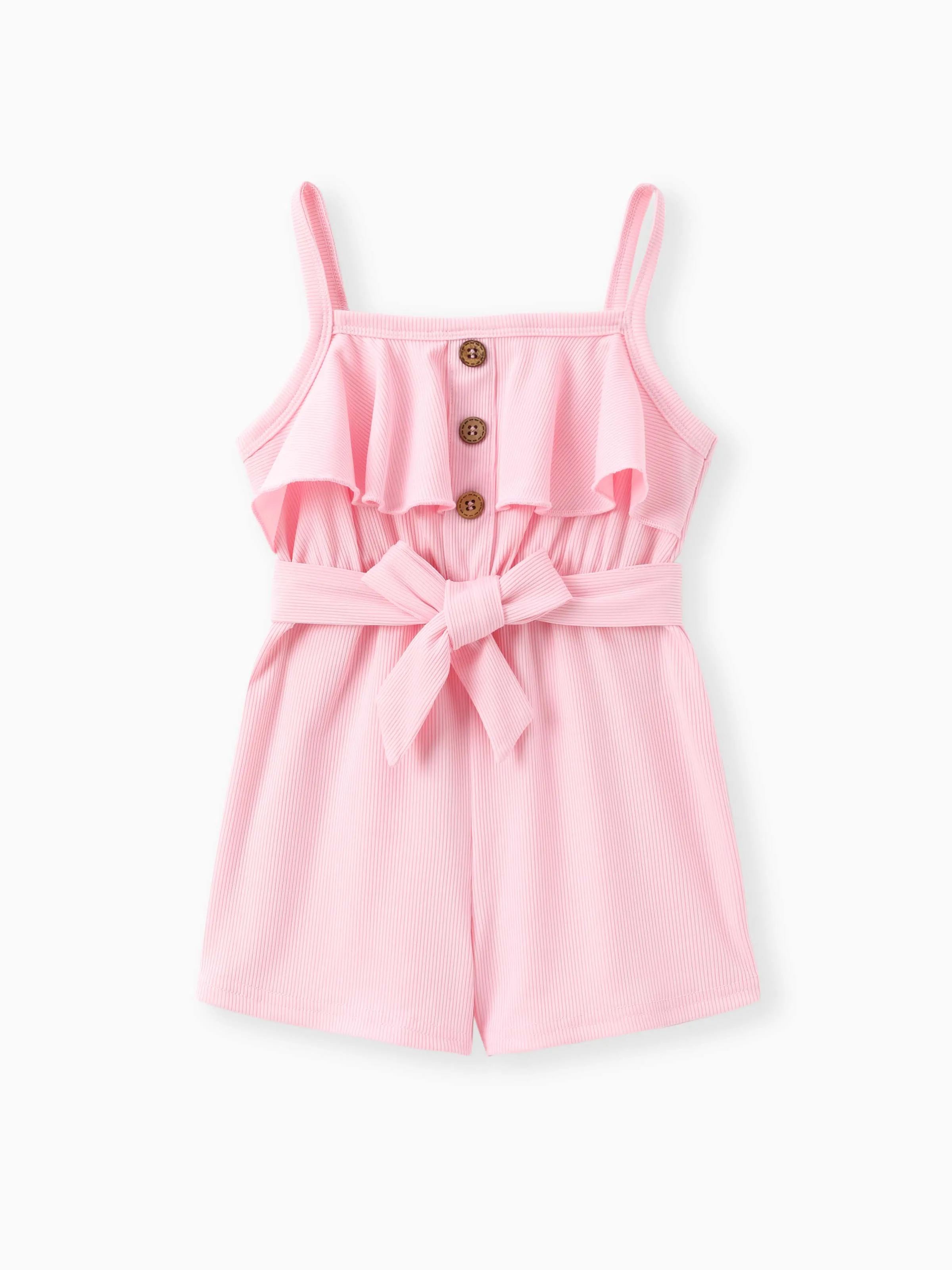 

Toddler Girl Button Design Flounce Belted Solid Color Cami Romper