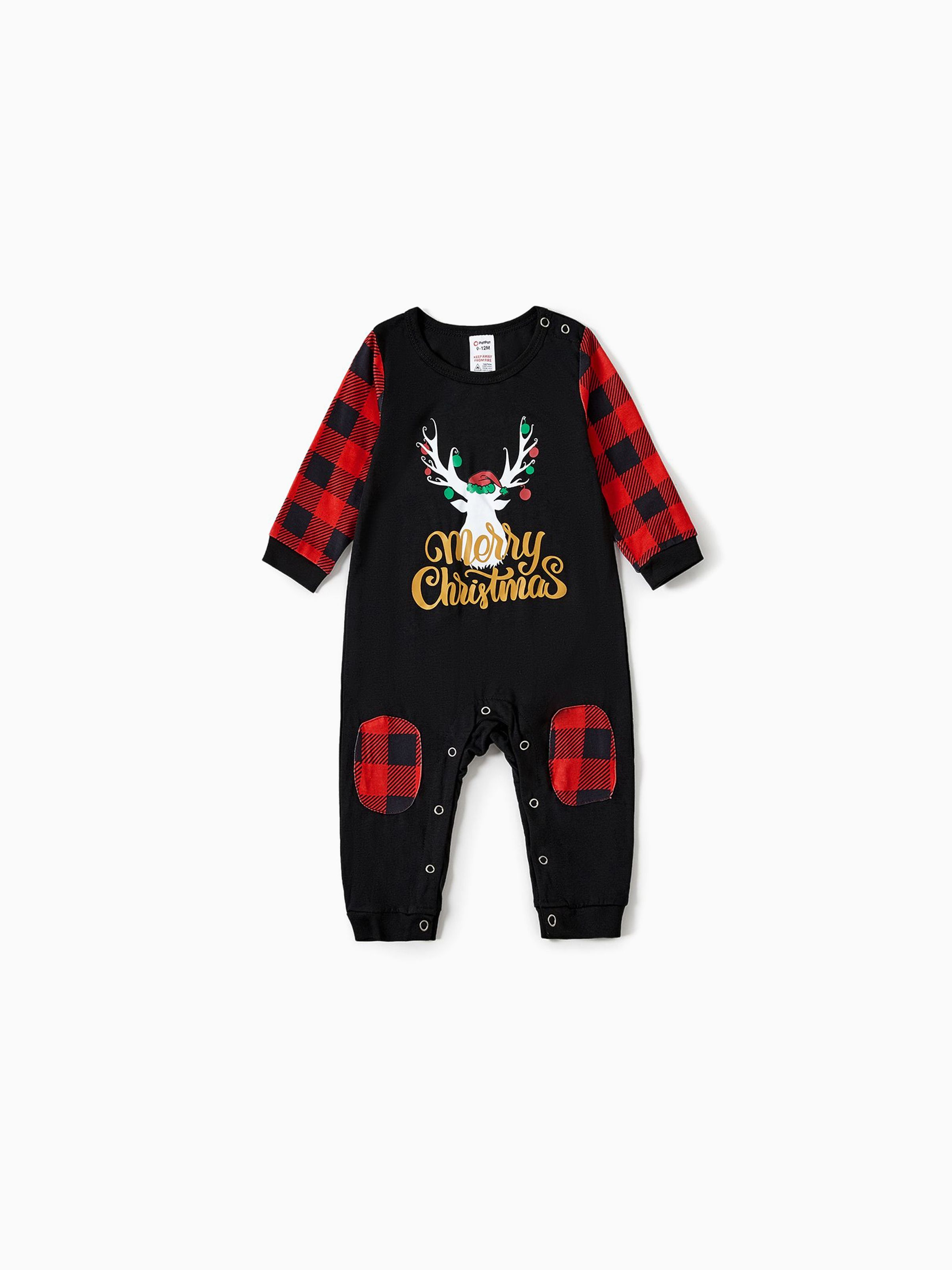 

Merry Christmas Letter Antler Print Plaid Splice Matching Pajamas Sets for Family (Flame Resistant)