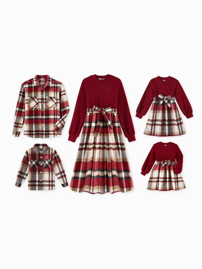 Family Matching Outfits - Fall Wine Red Spliced Plaid Dress and Shirts Sets for Mom, Dad, Daughter and Son