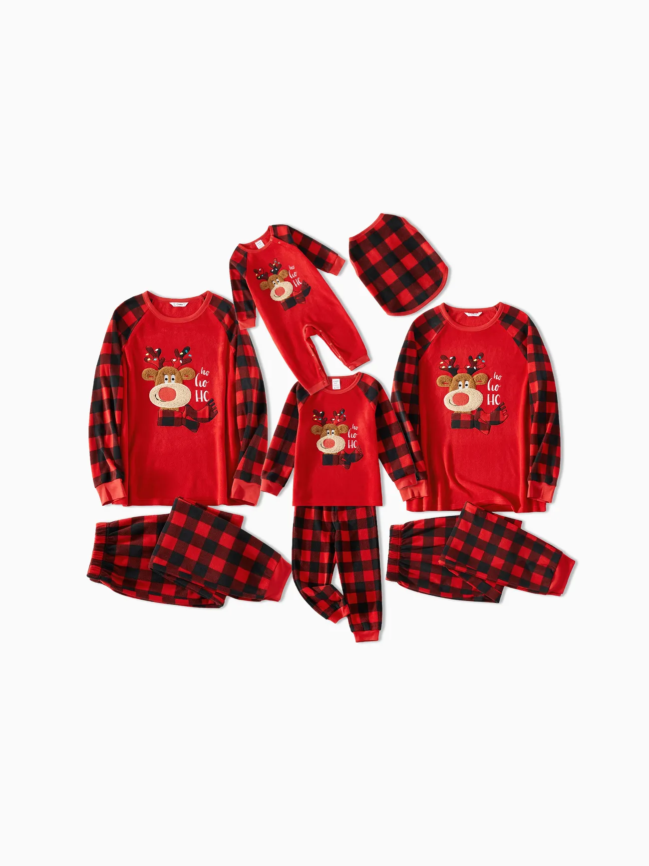 Red Plaid Raglan-sleeve Fleece Pajamas Sets Family Matching Christmas Pjs Reindeer Embroidered