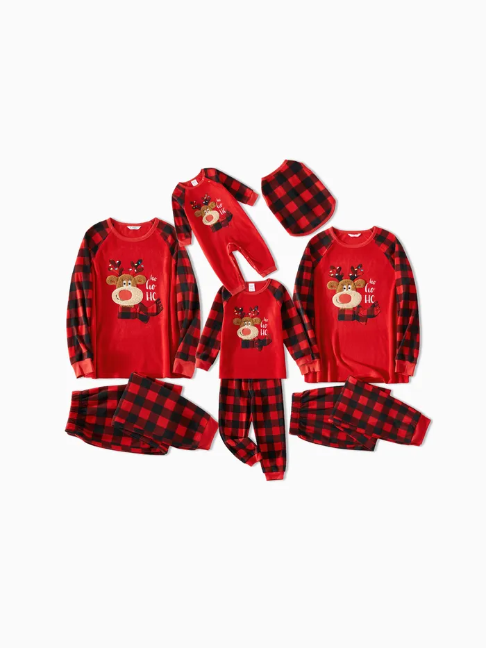 Red Plaid Raglan-sleeve Fleece Pajamas Sets Family Matching Christmas Pjs Reindeer Embroidered