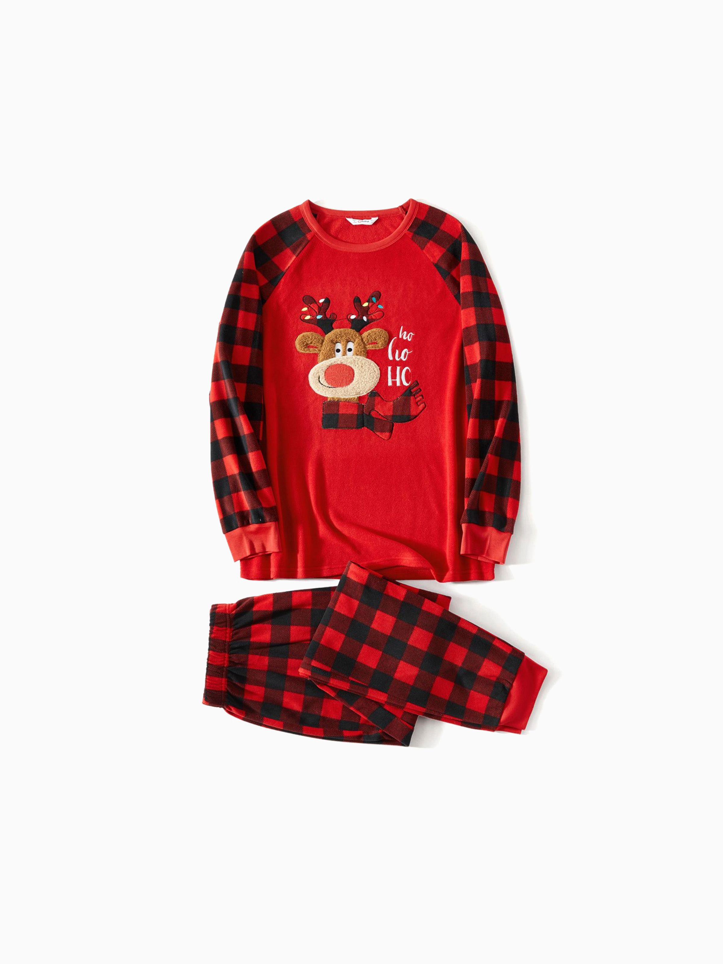 

Christmas Family Matching Reindeer Embroidered Red Plaid Raglan-sleeve Thickened Polar Fleece Pajamas Sets (Flame Resistant)