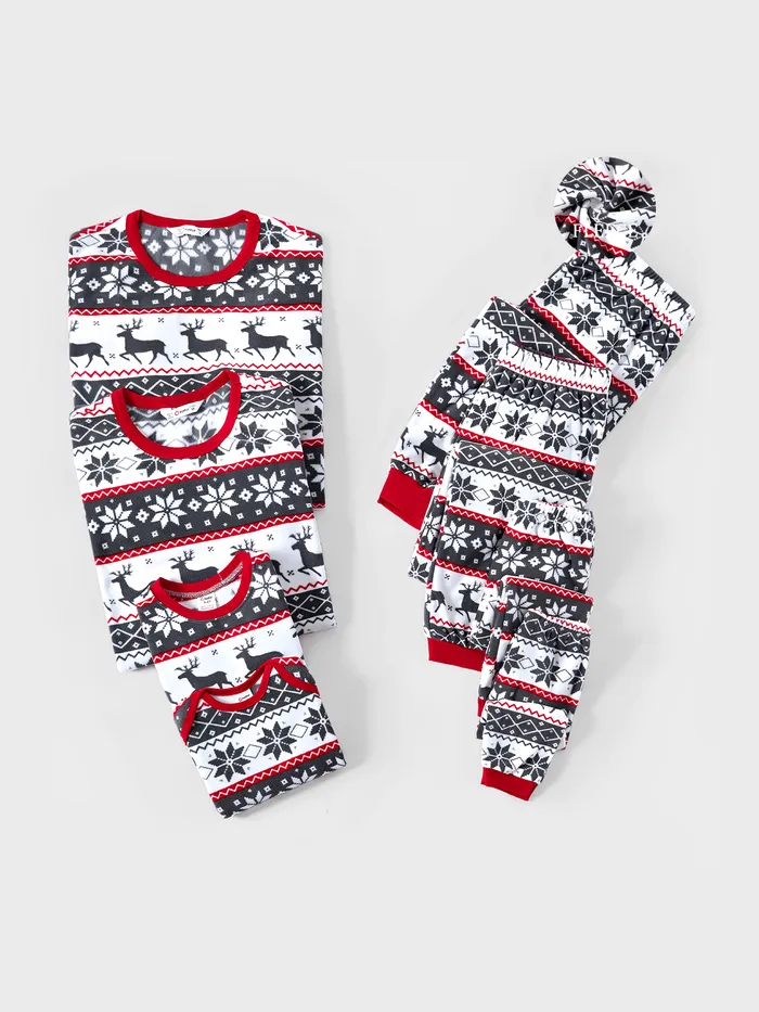 Natale Famiglia Matching Renna & Fiocco di Neve All-over Stampa Pigiama Manica Lunga Set (Ignifugo)