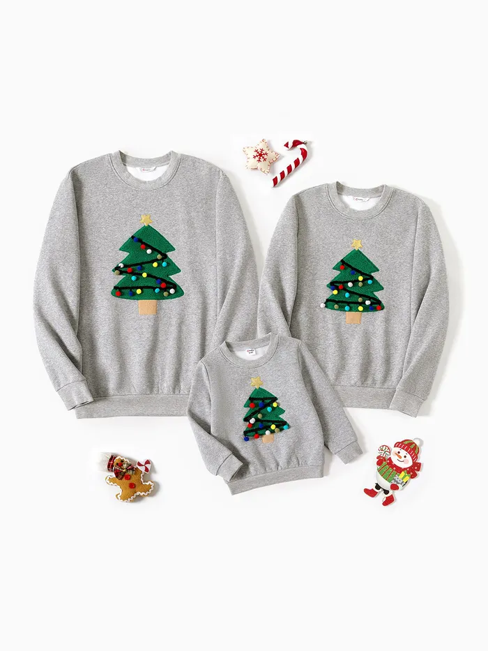 Christmas Family Matching Casual Tree Embroidered Long Sleeve Fleece Tops