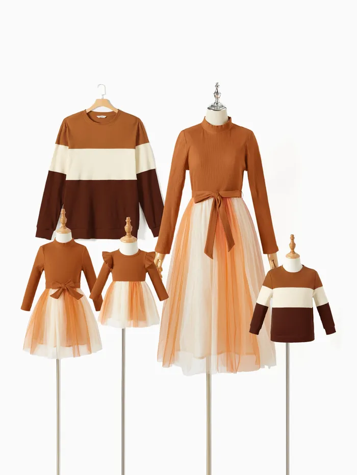 Family Matching Belted Long Sleeve Mesh Dresses and Color-Block Long Sleeve Sweater Sets