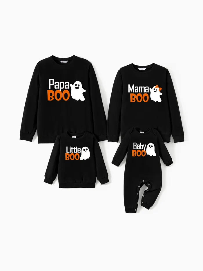 Halloween Family Matching Quirky and Playful Ghost Pattern Letter Print Black Long Sleeves Cotton Tops