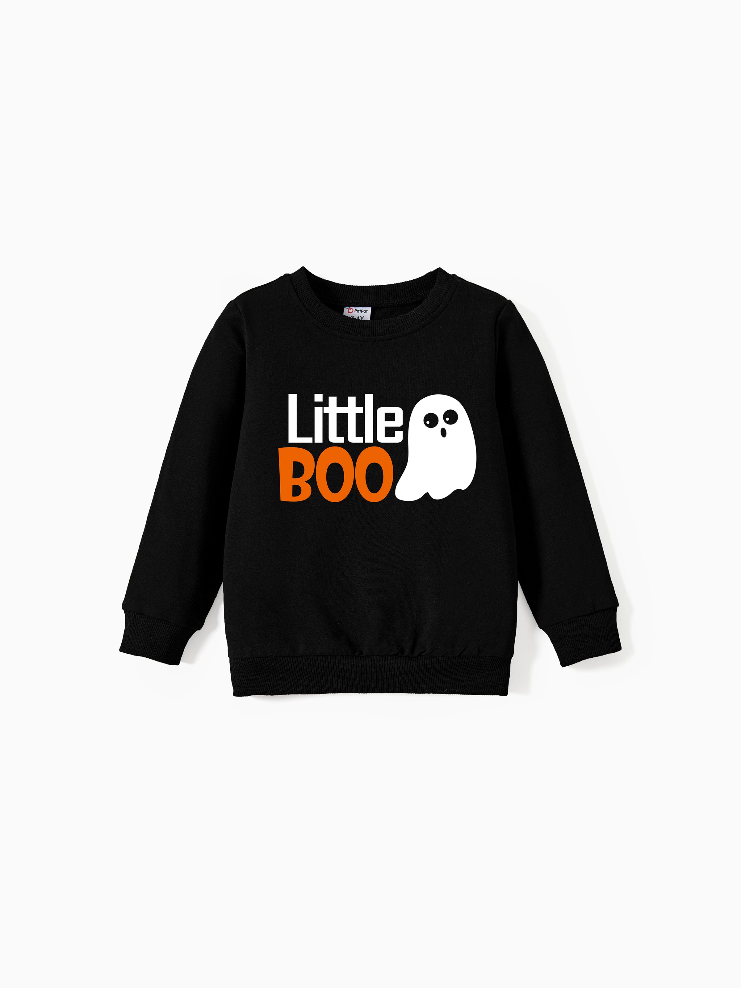 

Halloween Family Matching Quirky and Playful Ghost Pattern Letter Print Black Long Sleeves Cotton Tops