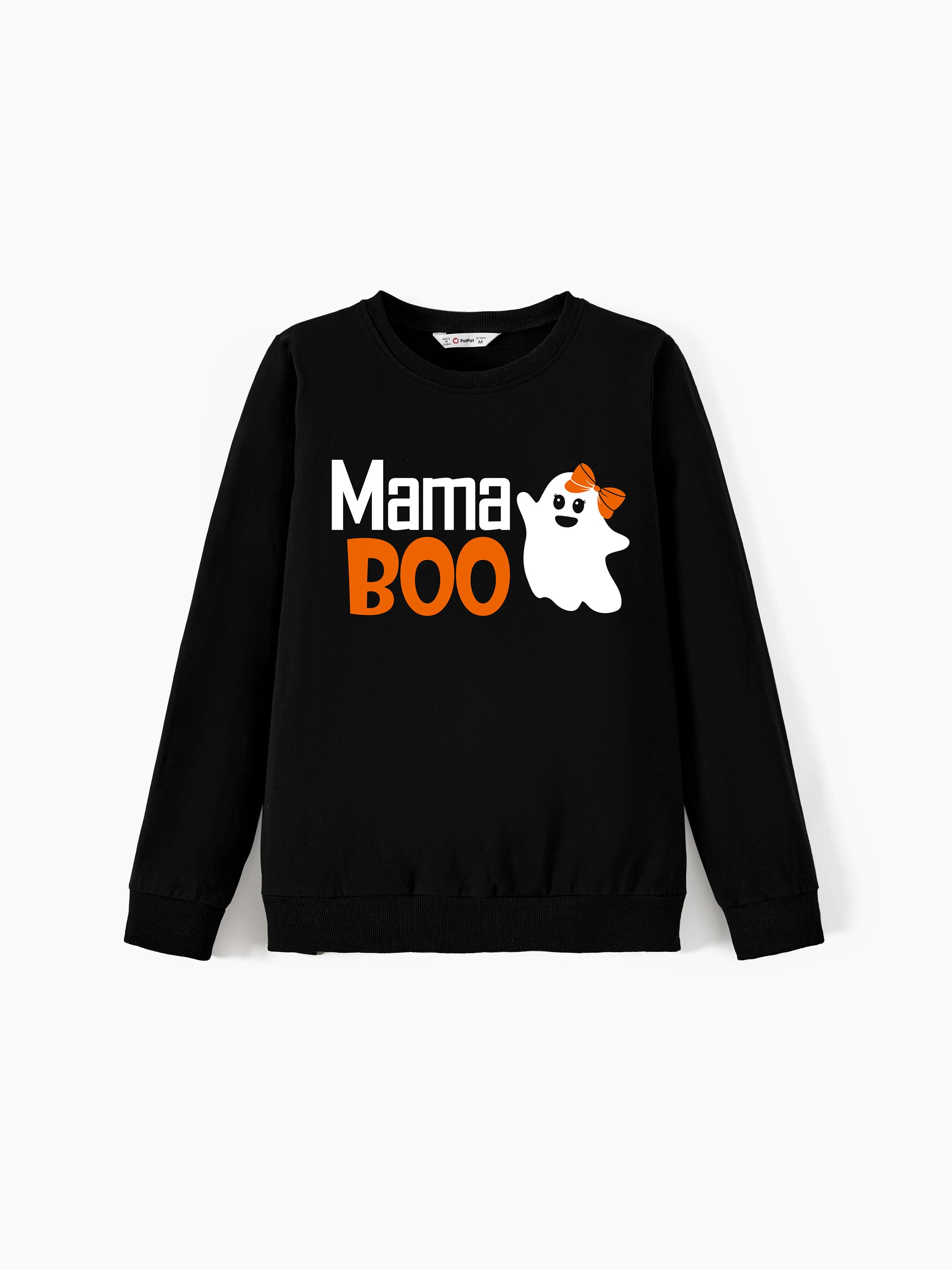 

Halloween Family Matching Quirky and Playful Ghost Pattern Letter Print Black Long Sleeves Cotton Tops