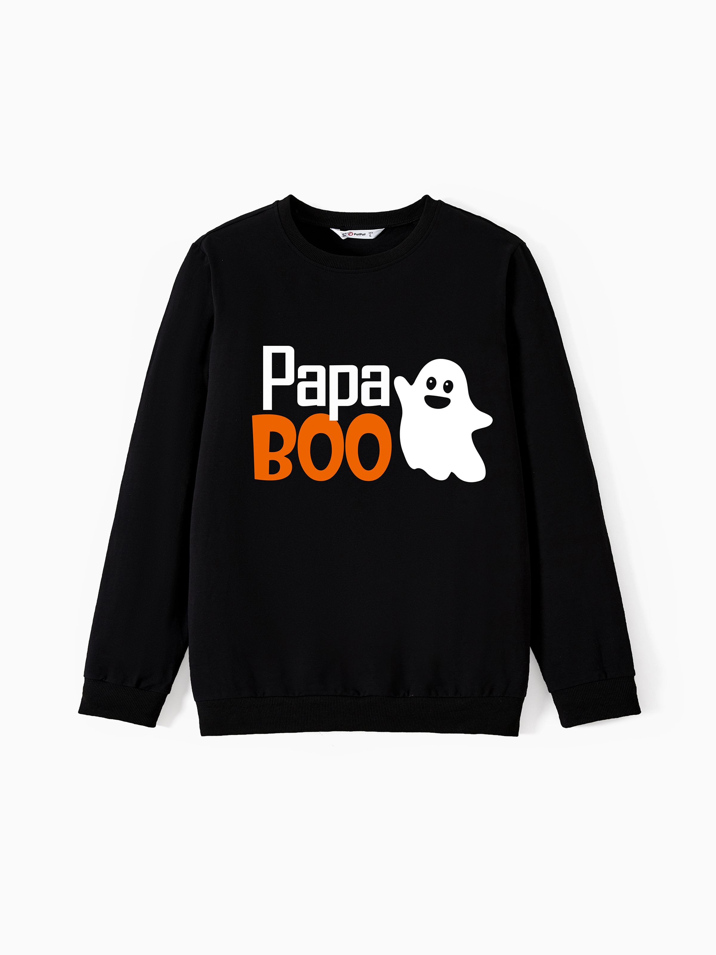 

Halloween Family Matching Quirky and Playful Ghost Pattern Letter Print Black Long Sleeves Cotton Tops