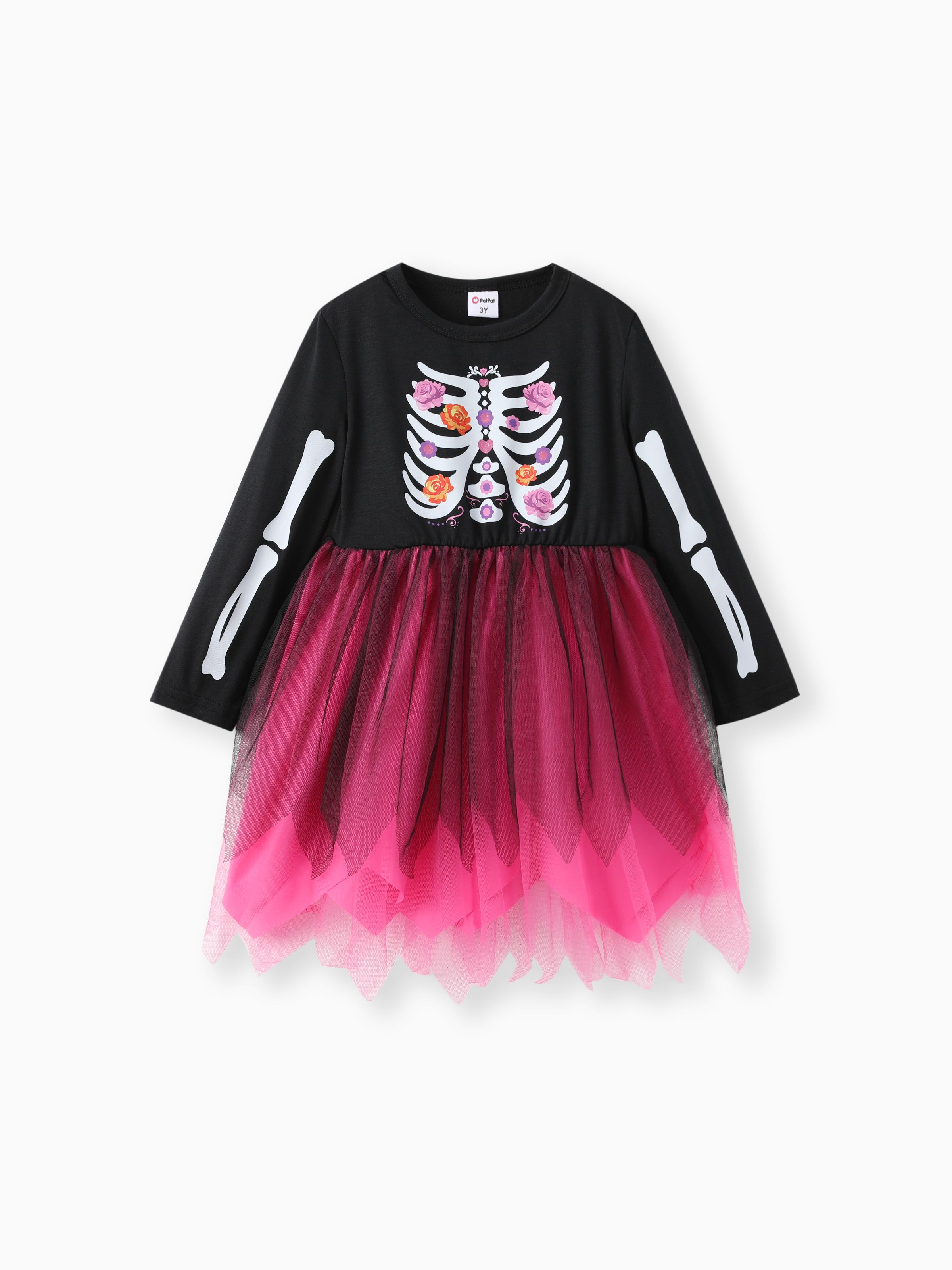 

Toddler Girl Halloween Skeleton Print Mesh Splice Dress