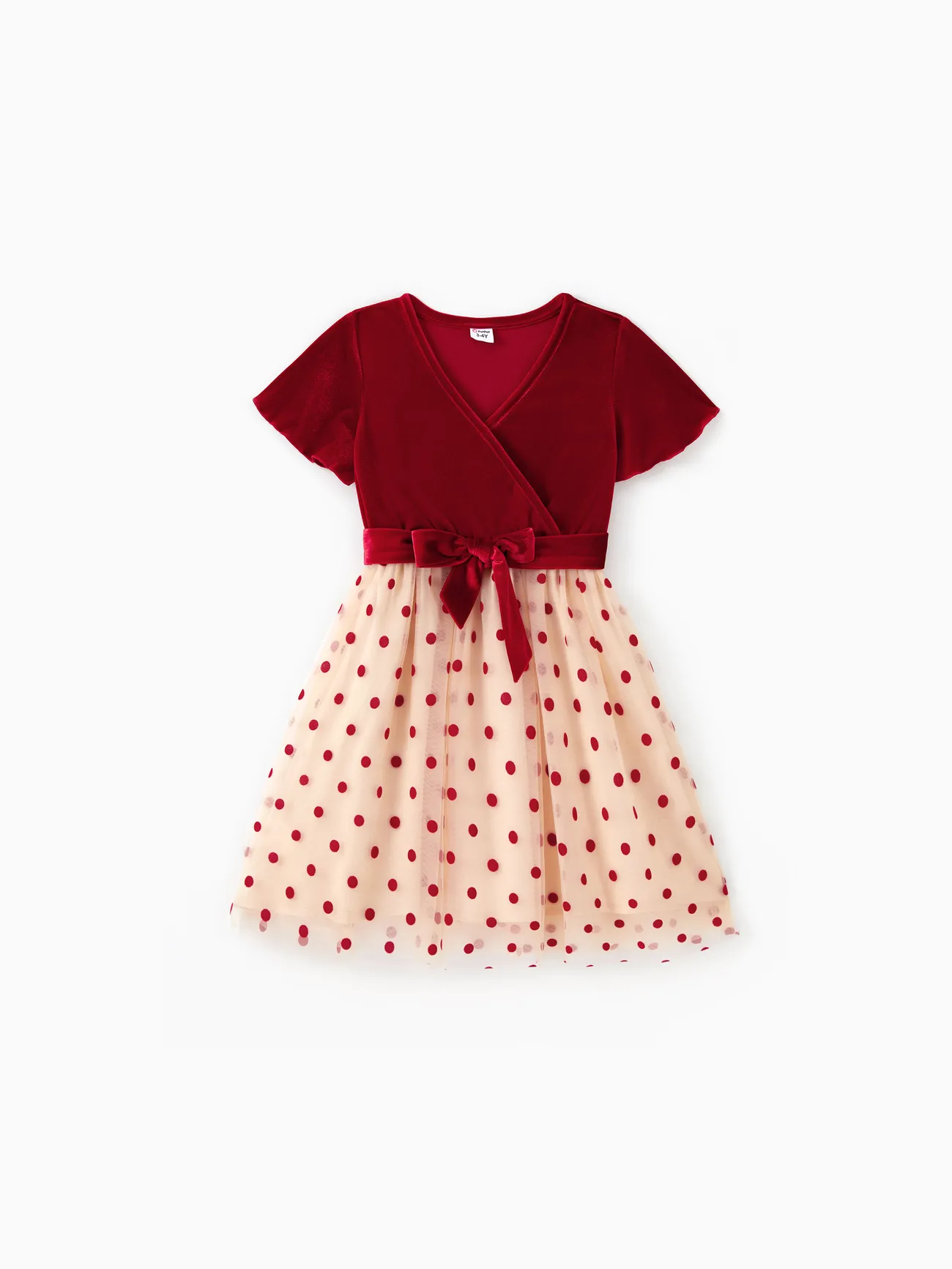 

Family Matching Sets Color Block Sweatshirt or Red Velvet Polka Dots Mesh Tulle Dress with Hidden Snap Button