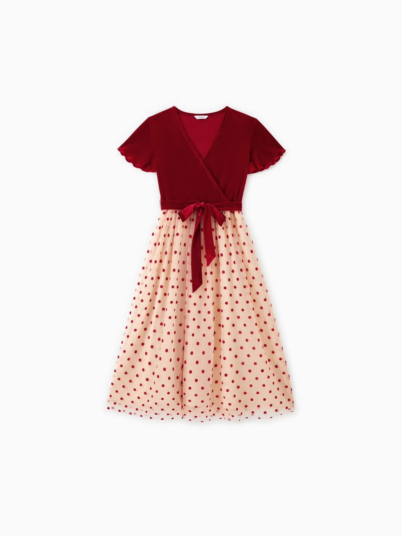 

Family Matching Sets Color Block Sweatshirt or Red Velvet Polka Dots Mesh Tulle Dress with Hidden Snap Button