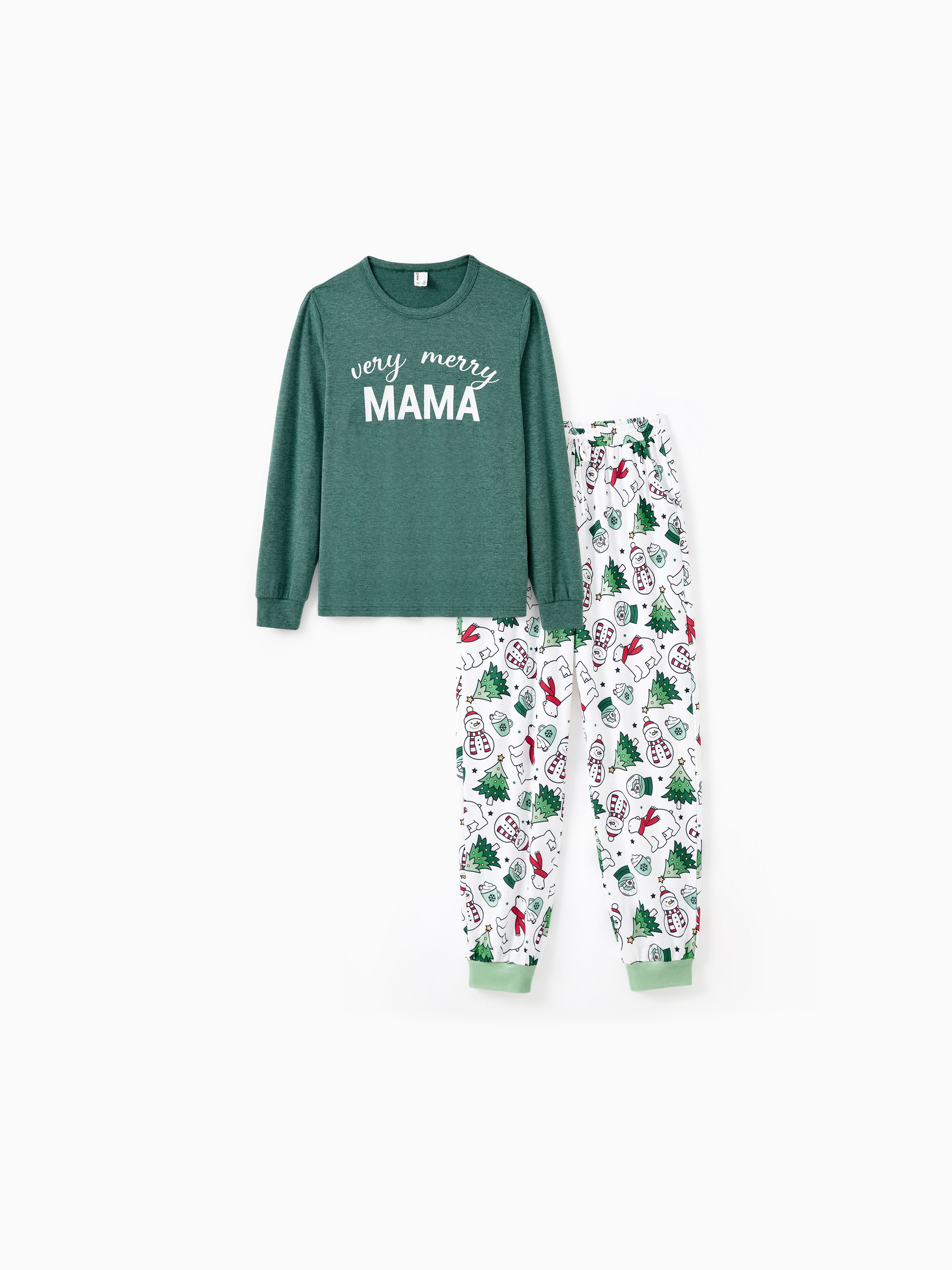 

Christmas Family Matching Long Sleeves Very Merry Green Tops Allover Pattern Pants Pajamas Sets ( Flame Resistant )