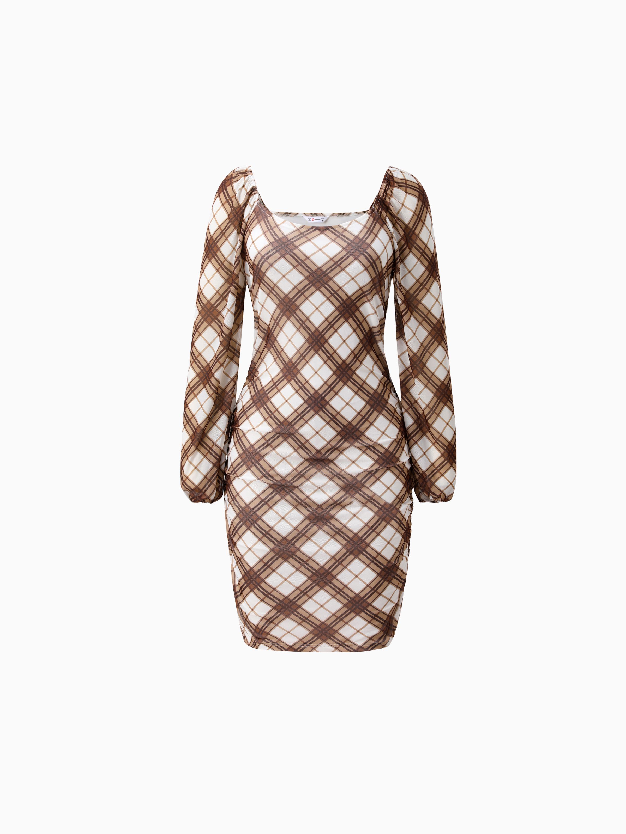 

Mommy and Me Chic Long Sleeves Brown Diagonal Plaid Pattern Bodycon Dress