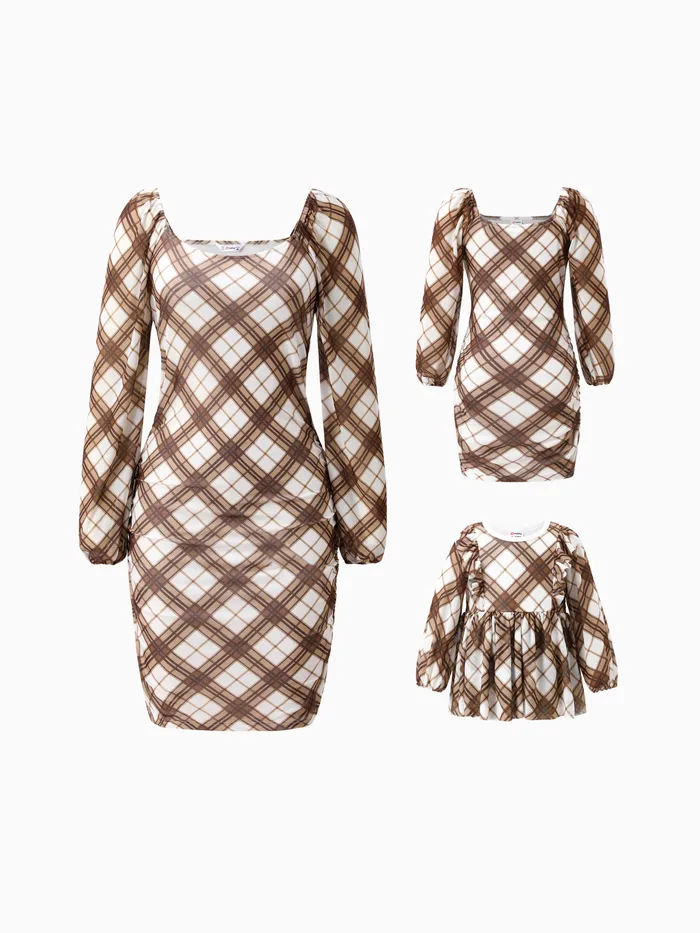 Mommy and Me Chic maniche lunghe marrone diagonale plaid modello vestito aderente