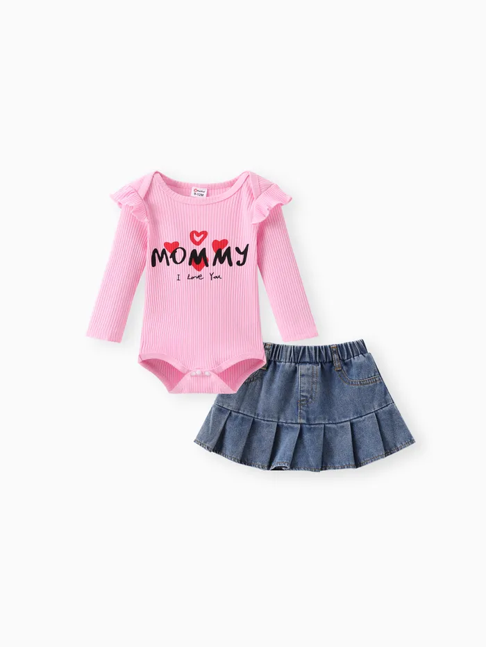 Baby Girl 2pcs Letter Romper and Denim Skirt Set