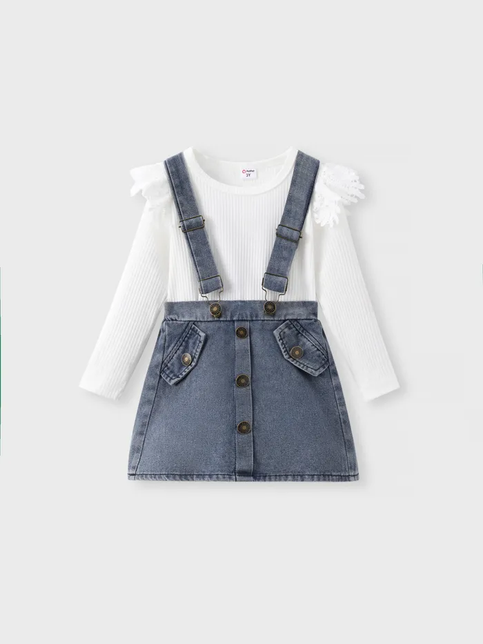 Toddler Fille 2pcs Flutter Sleeve Tee et Denim Salopette ensemble