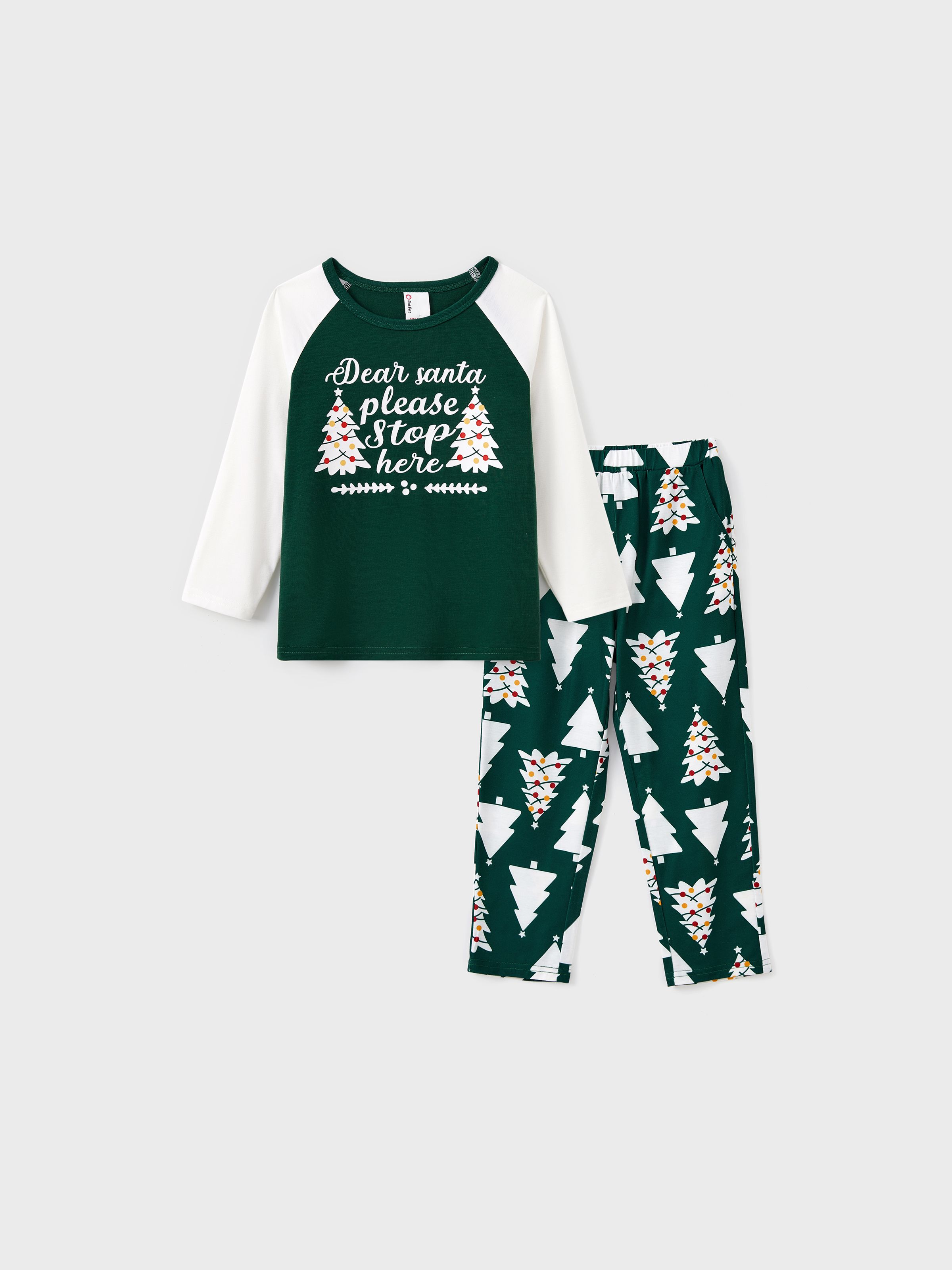 

Christmas Family Matching Glow in the Dark Message Raglan Sleeves Tops Allover Christmas Tree Pants Pajamas Sets with Pockets and Drawstring