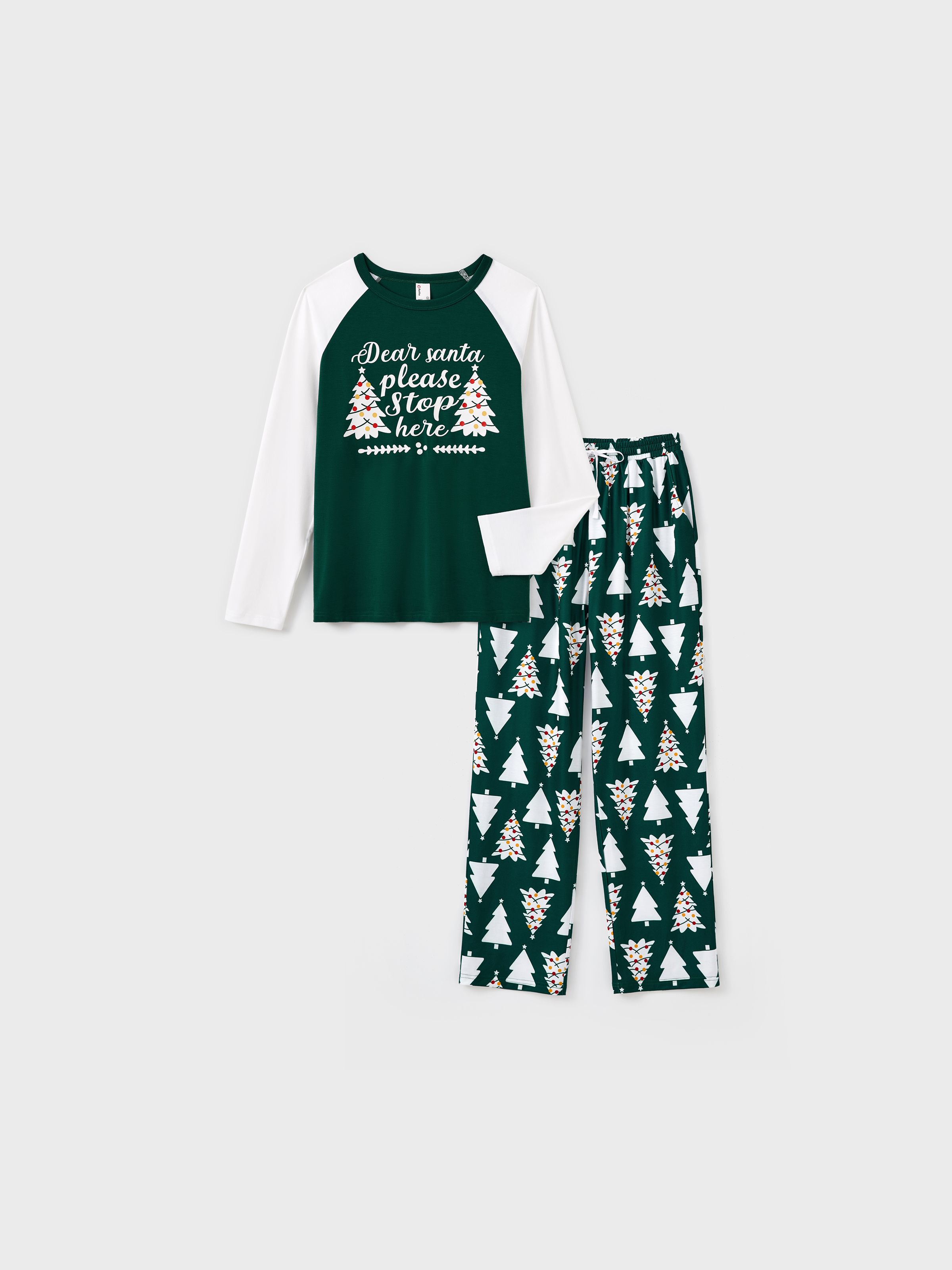 

Christmas Family Matching Glow in the Dark Message Raglan Sleeves Tops Allover Christmas Tree Pants Pajamas Sets with Pockets and Drawstring