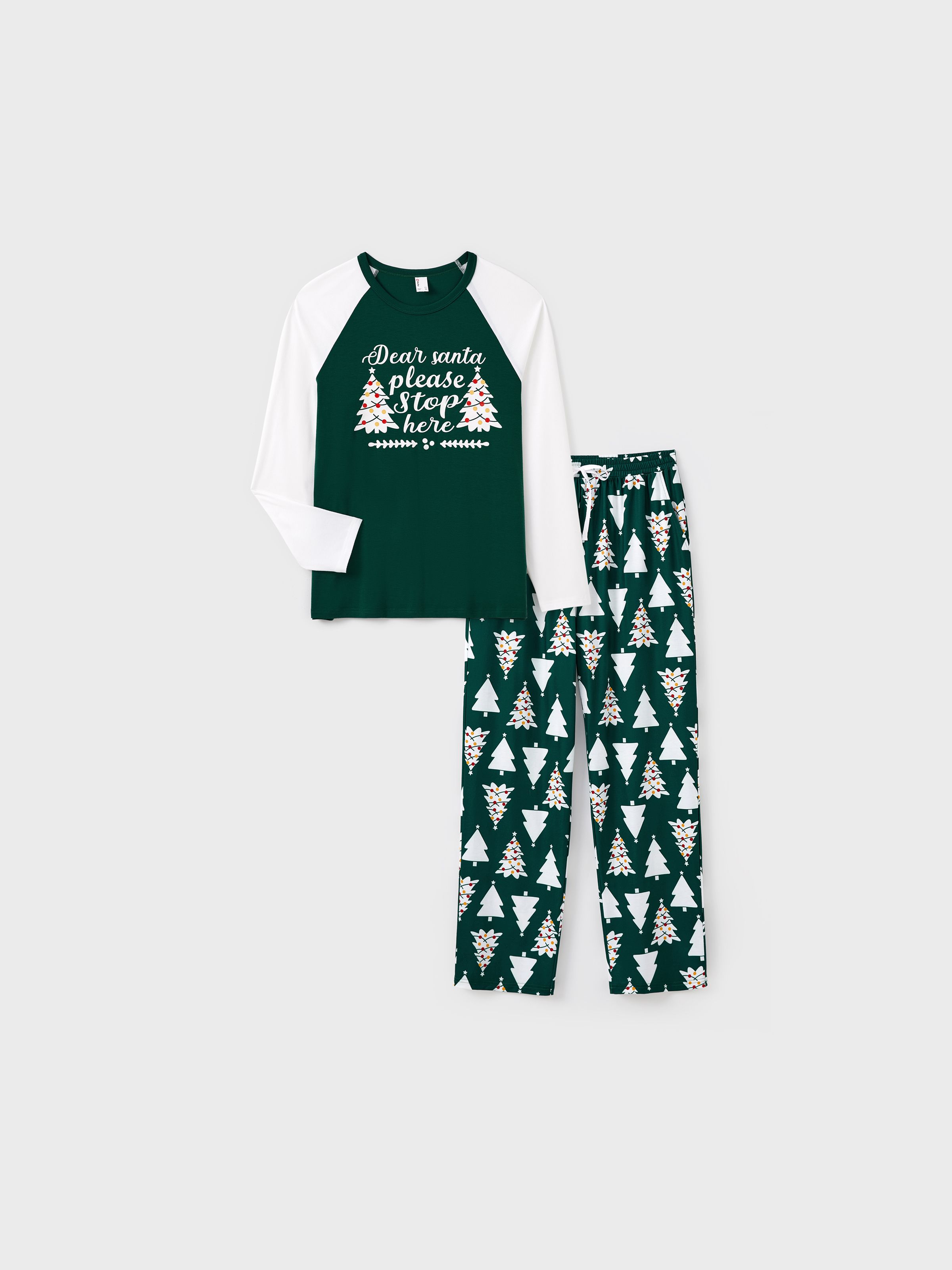 

Christmas Family Matching Glow in the Dark Message Raglan Sleeves Tops Allover Christmas Tree Pants Pajamas Sets with Pockets and Drawstring