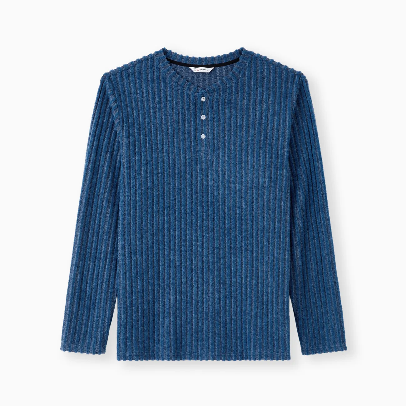 Family Matching Sets Blue Ribbed Long Sleeves Henley Neck Top or Tie Side Dress