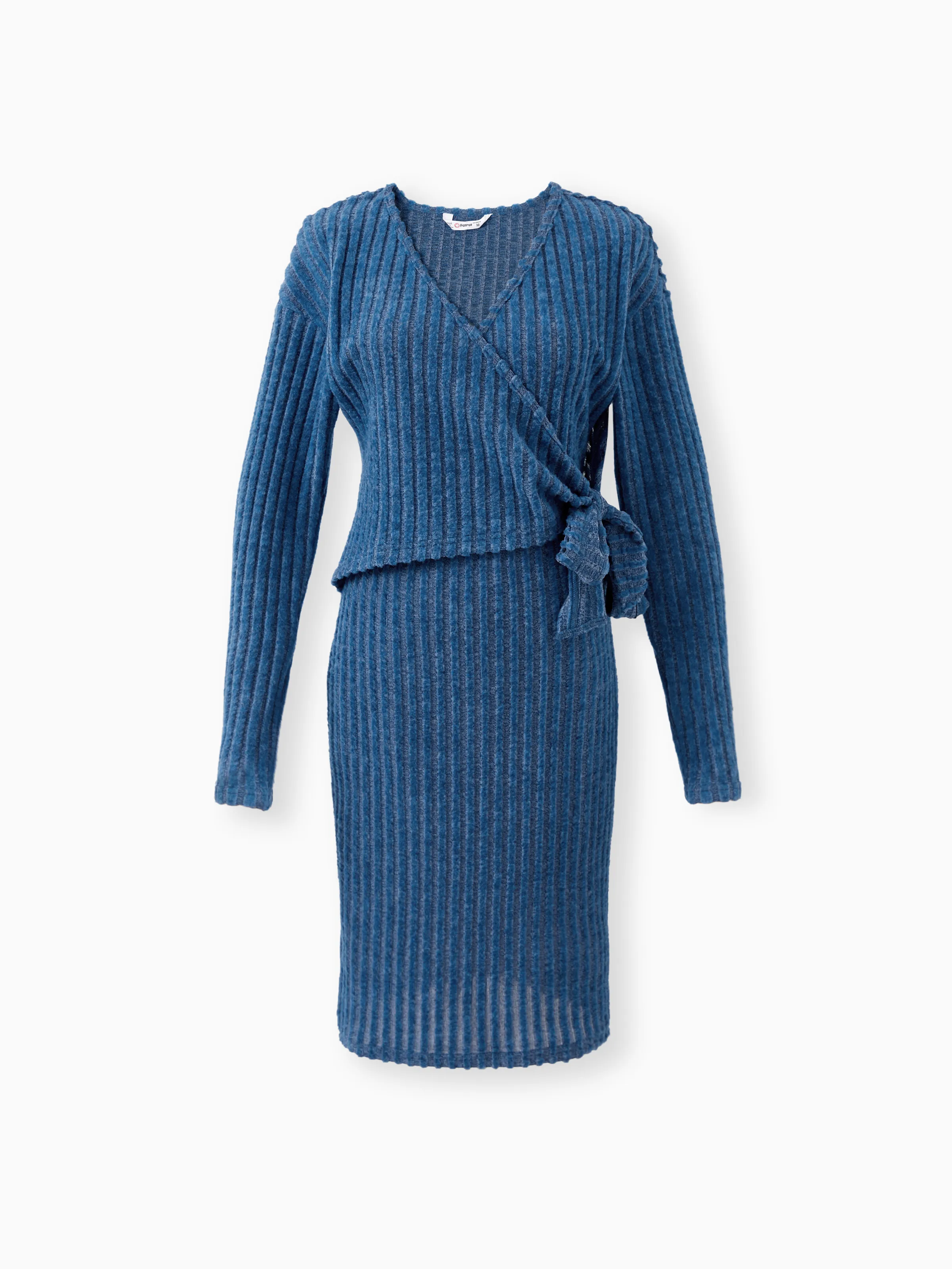 

Family Matching Sets Blue Ribbed Long Sleeves Henley Neck Top or Tie Side Dress