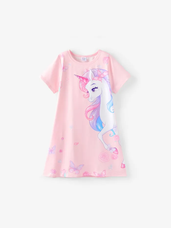 Kid Girl Unicorn Print Short-sleeve Light Pink Dress