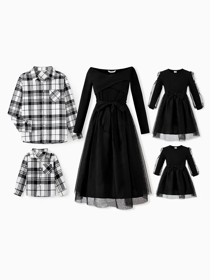 Family Matching Sets Black Plaid Shirt or Elegant Off-Shoulder Cross Front Tulle Mesh Dress