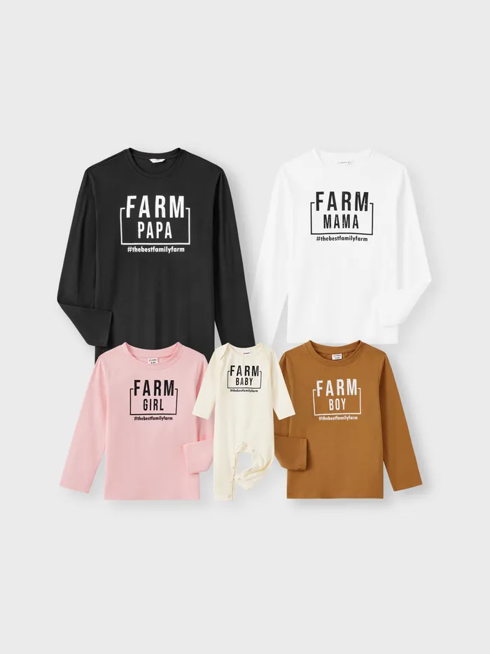 Family Farm Matching Long Sleeves Cotton Round Neck Solid Color Tops