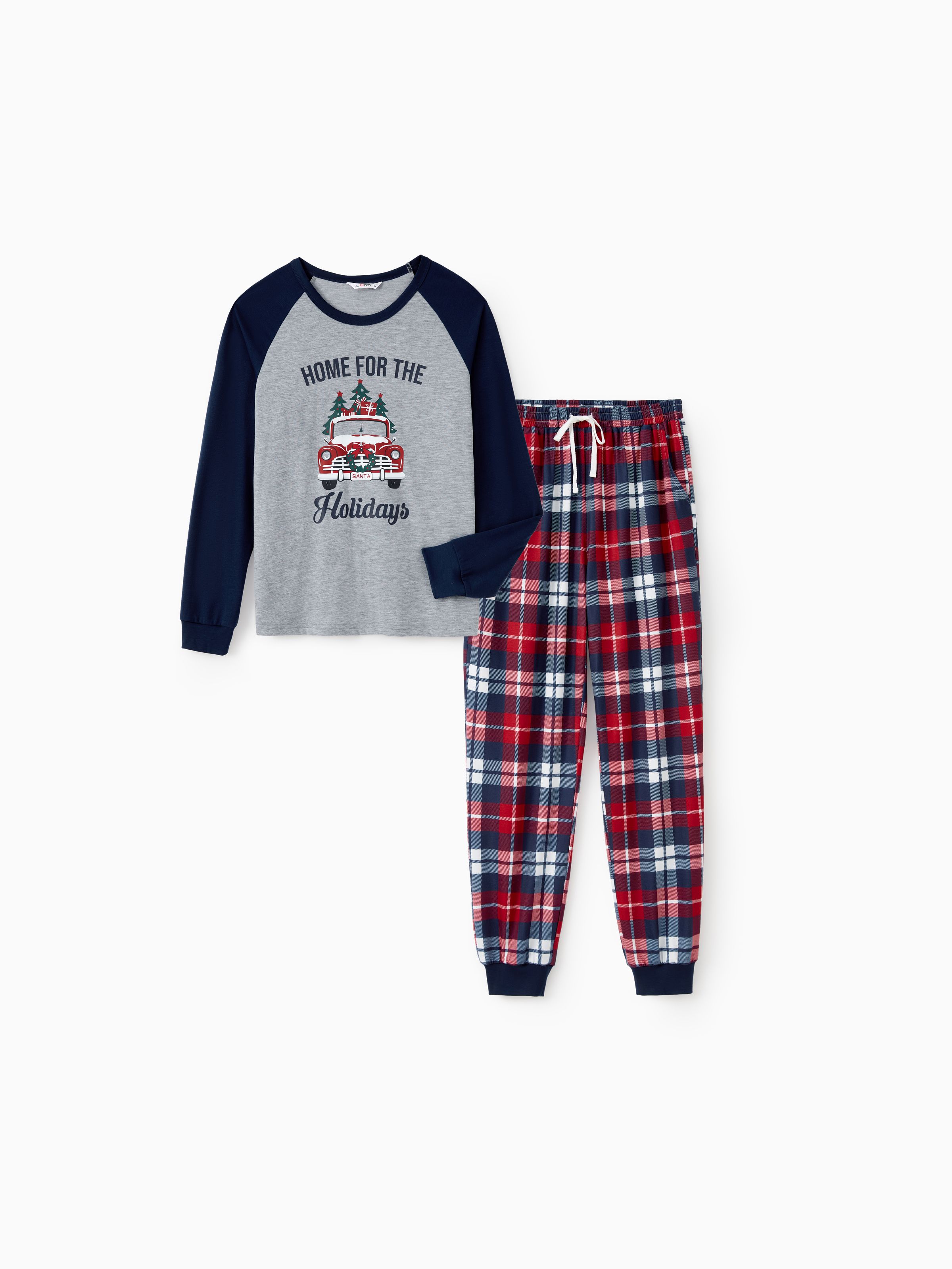 

Christmas Family Raglan Sleeves Christmas Tree Delivery Truck Graphic Plaid Pants Pajamas Sets with Drawstring and Pockets