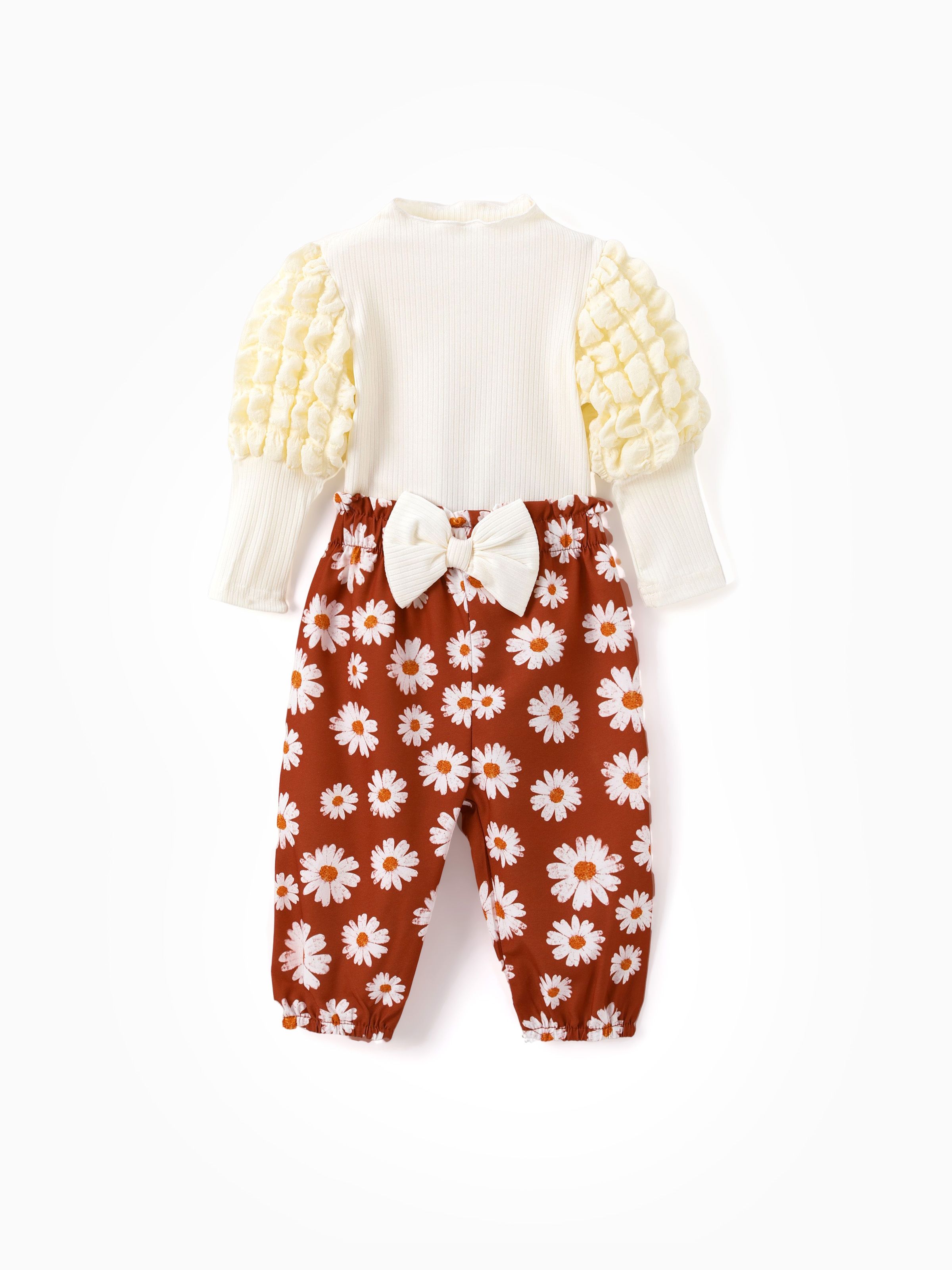 

Baby Girl 2pcs Puff-sleeve Sweatshirt and Floral Pants Set