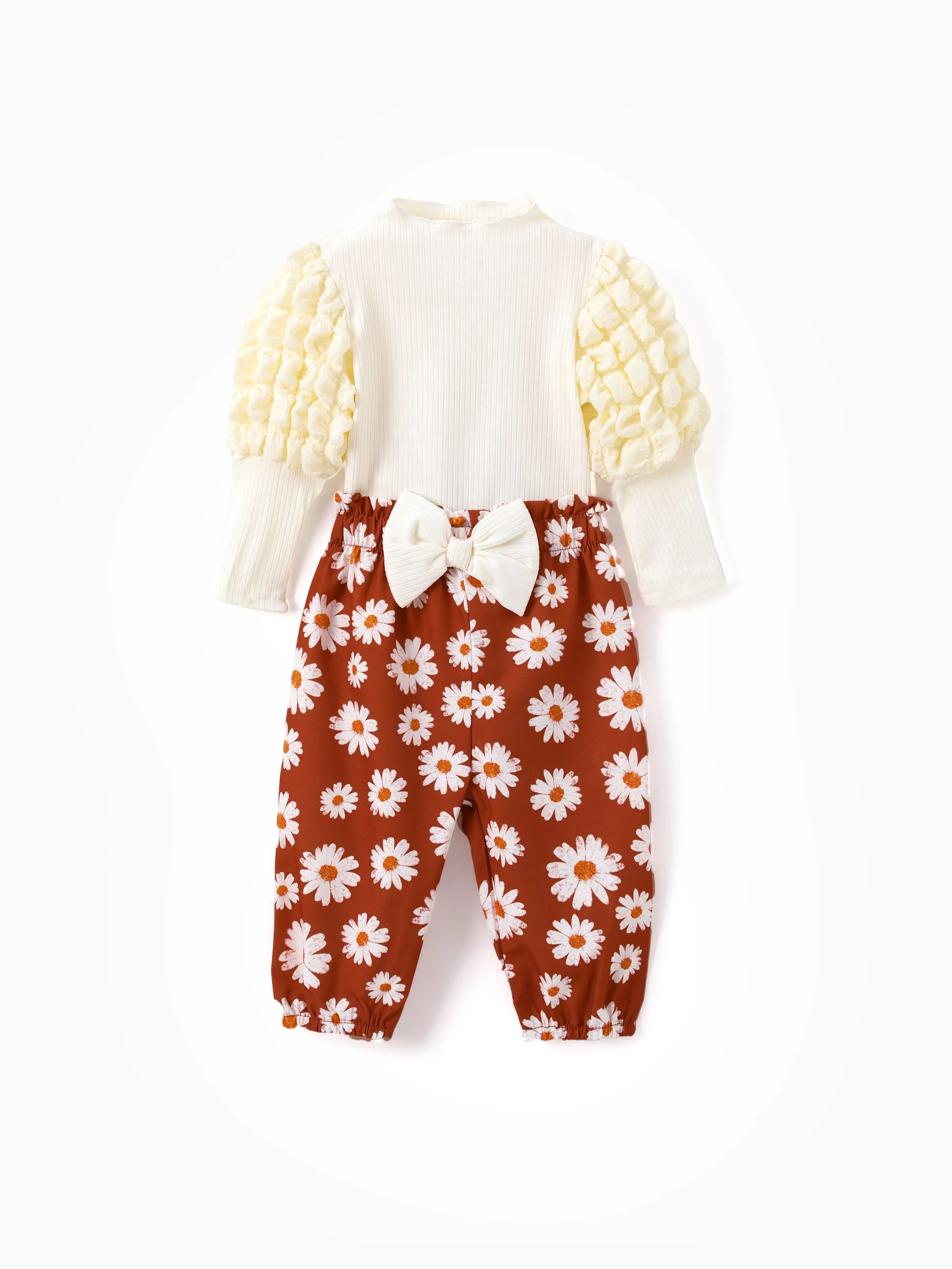 Baby Girl 2pcs Puff-sleeve Sweatshirt and Floral Pants Set