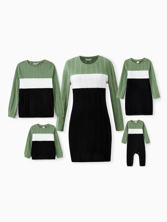 Family Matching Sets Green Color Block Long Sleeves Ribbed Tops/Dress/Romper