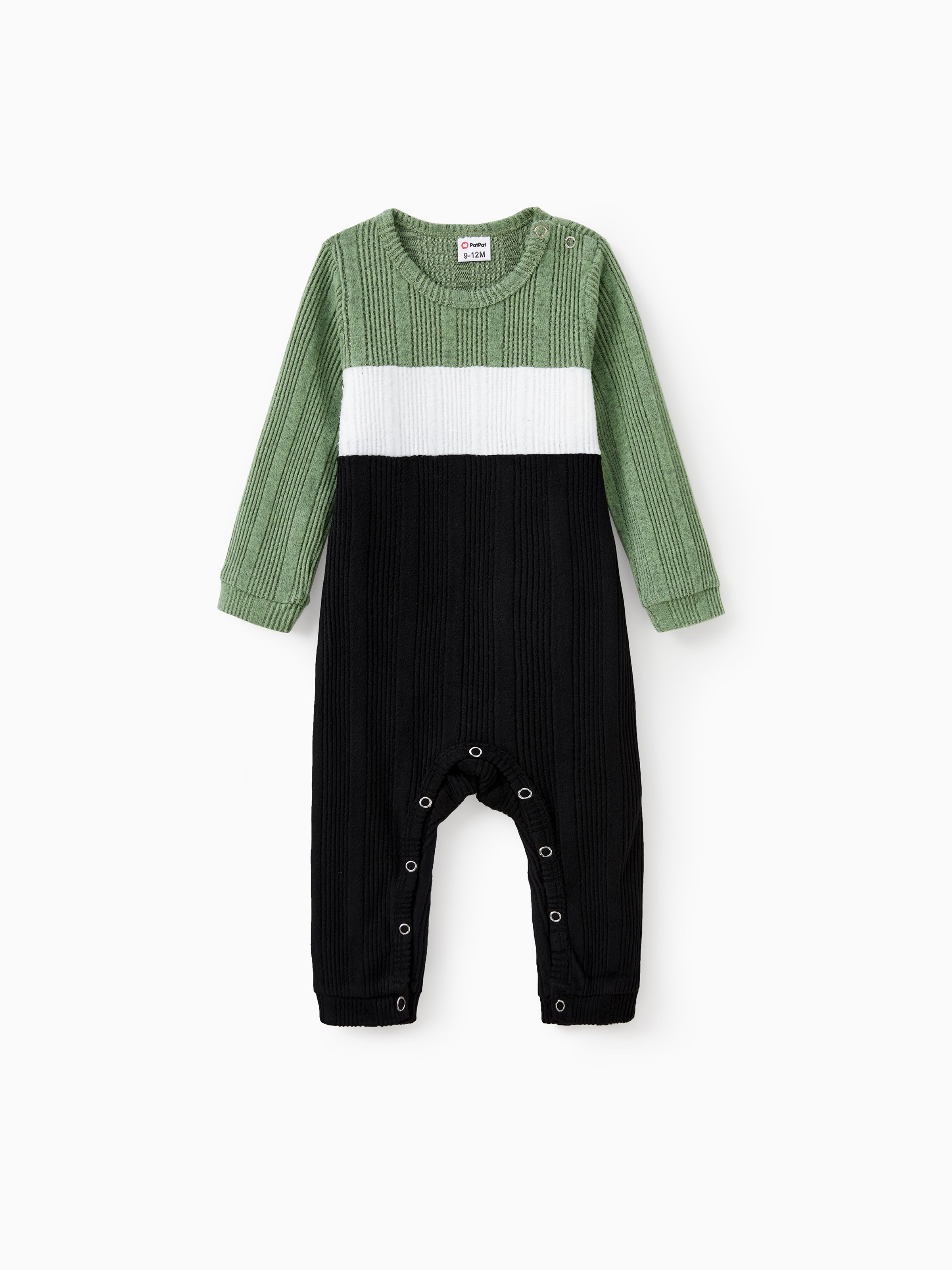 

Family Matching Sets Green Color Block Long Sleeves Ribbed Tops/Dress/Romper