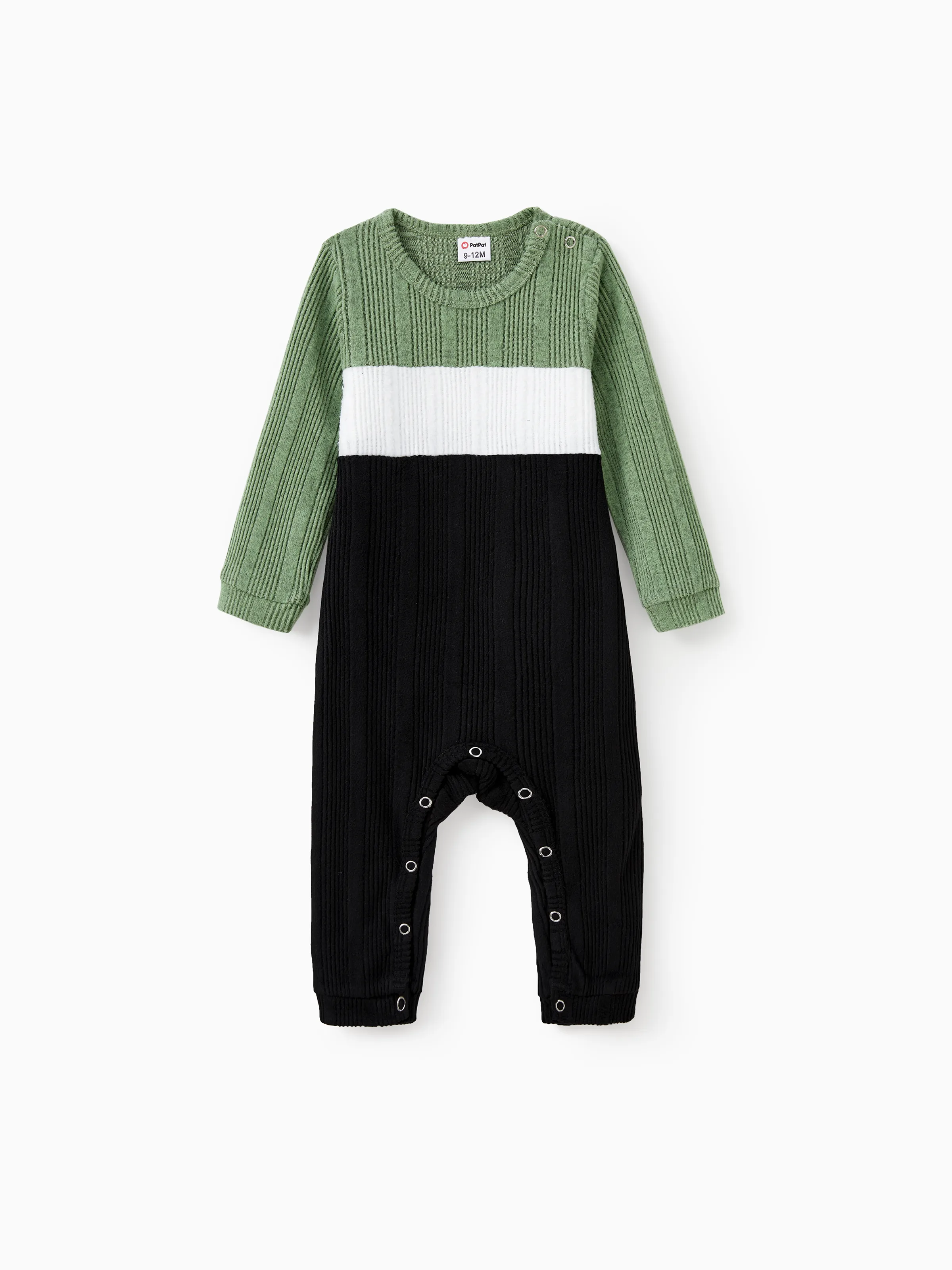 Family Matching Sets Green Color Block Long Sleeves Ribbed Tops/Dress/Romper