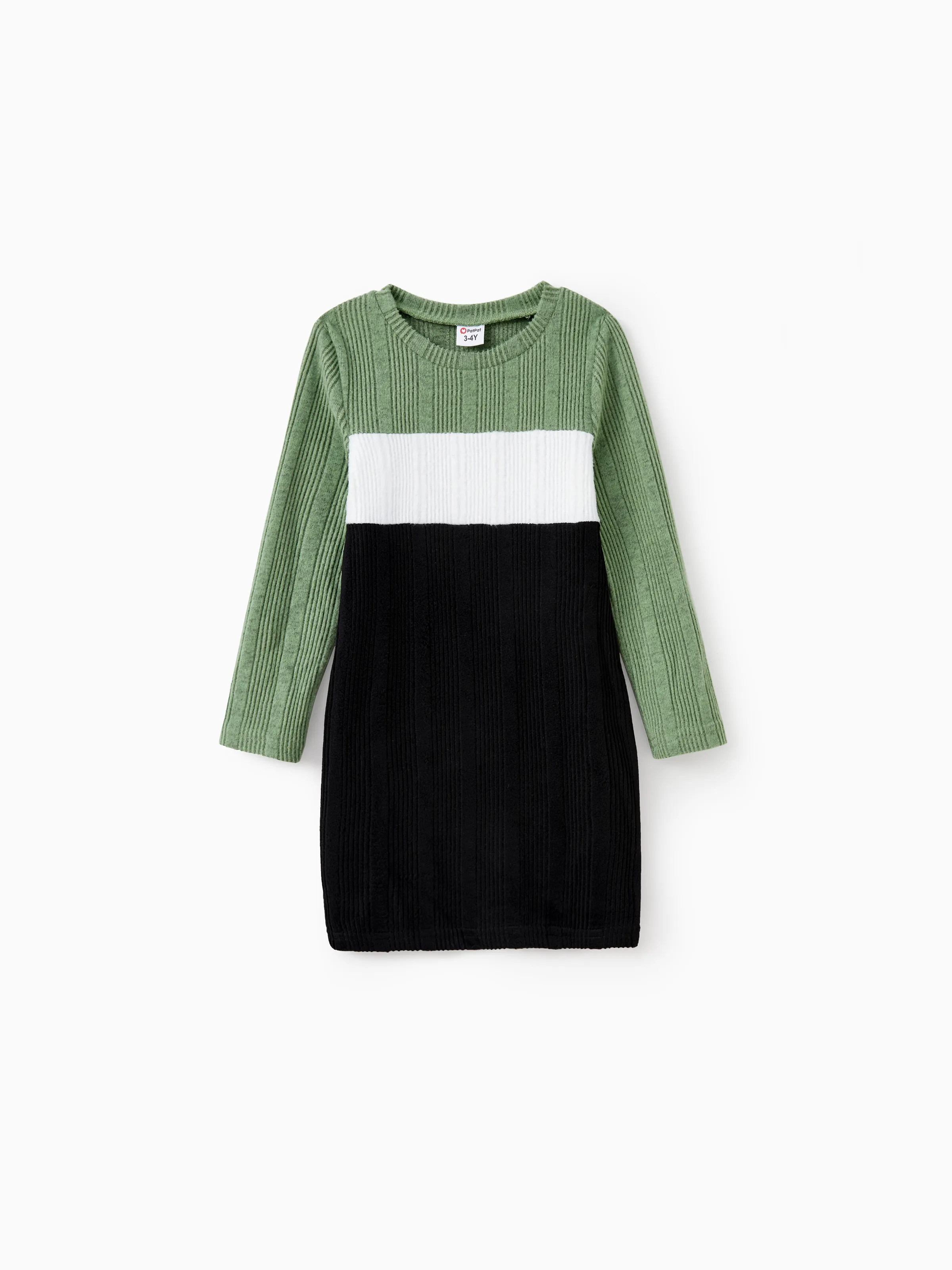 

Family Matching Sets Green Color Block Long Sleeves Ribbed Tops/Dress/Romper