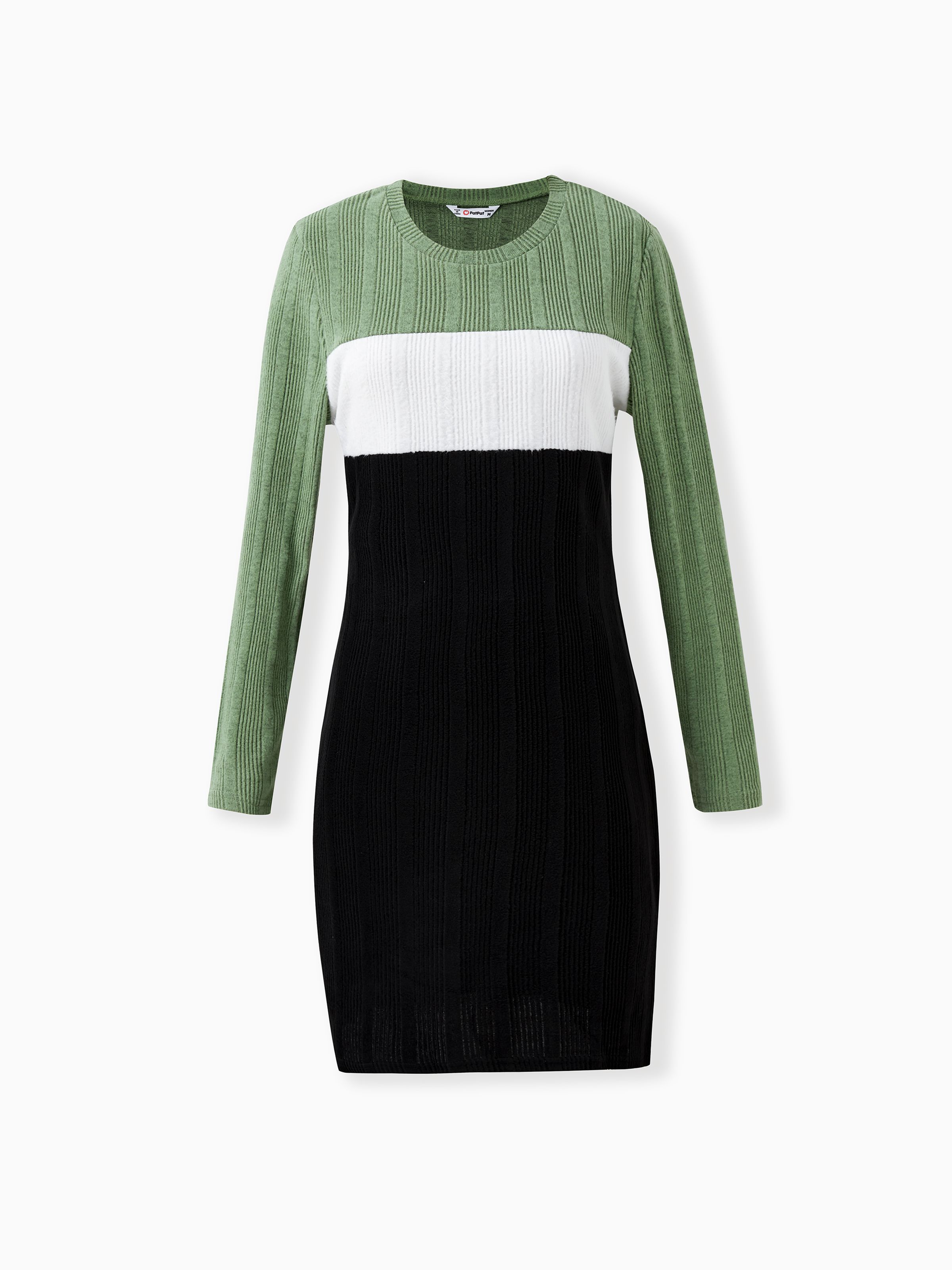 

Family Matching Sets Green Color Block Long Sleeves Ribbed Tops/Dress/Romper