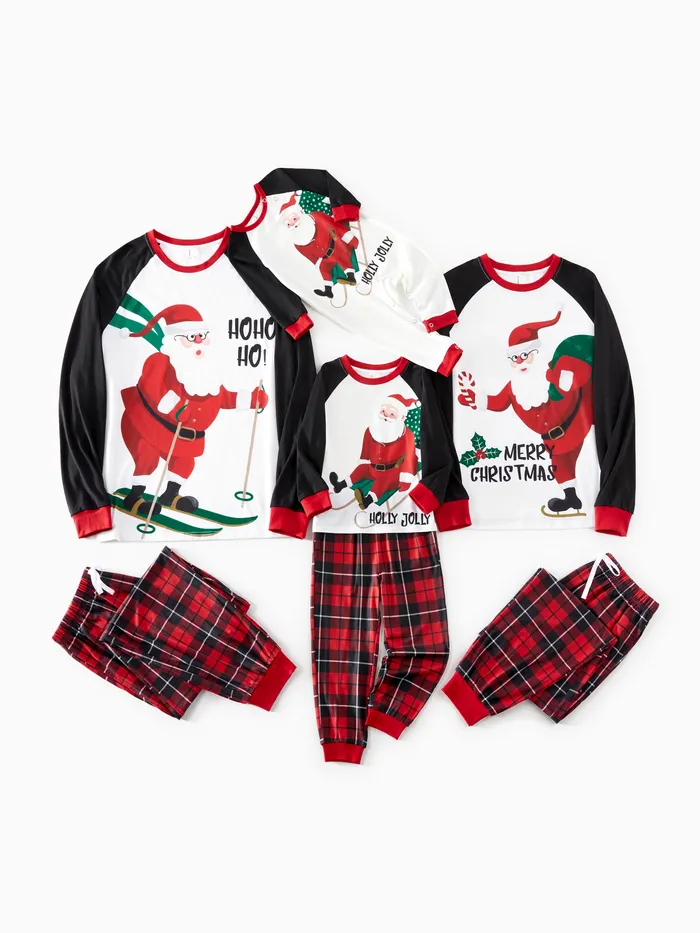 Noël Famille Raglan Manches Drôle Père Noël Graphique Pantalon À Carreaux Pyjamas Ensembles avec Cordon De Serrage Et Poches