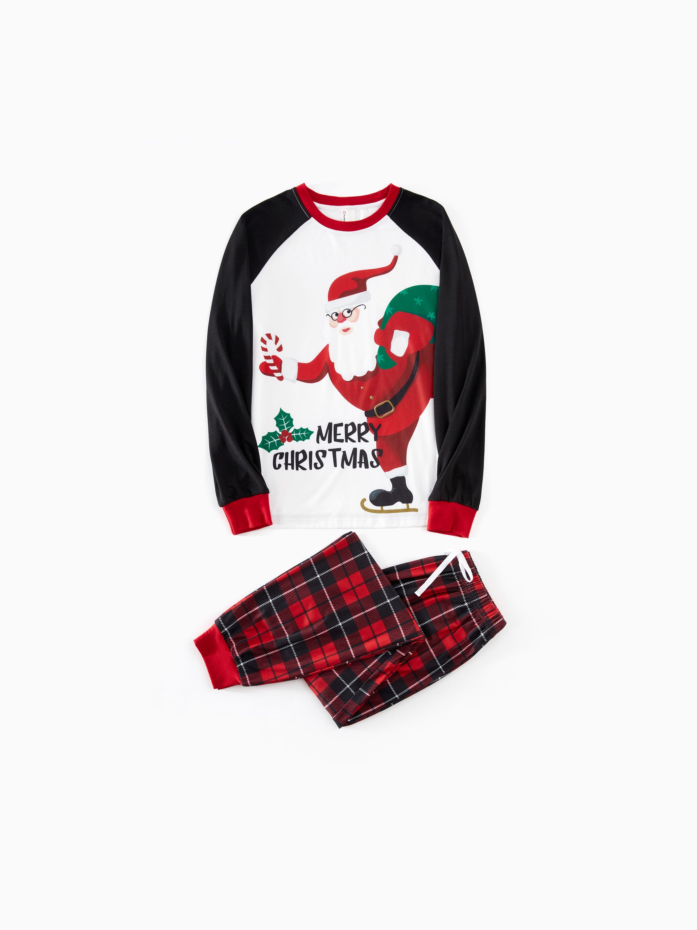 

Christmas Family Raglan Sleeves Funny Santa Graphic Plaid Pants Pajamas Sets with Drawstring and Pockets