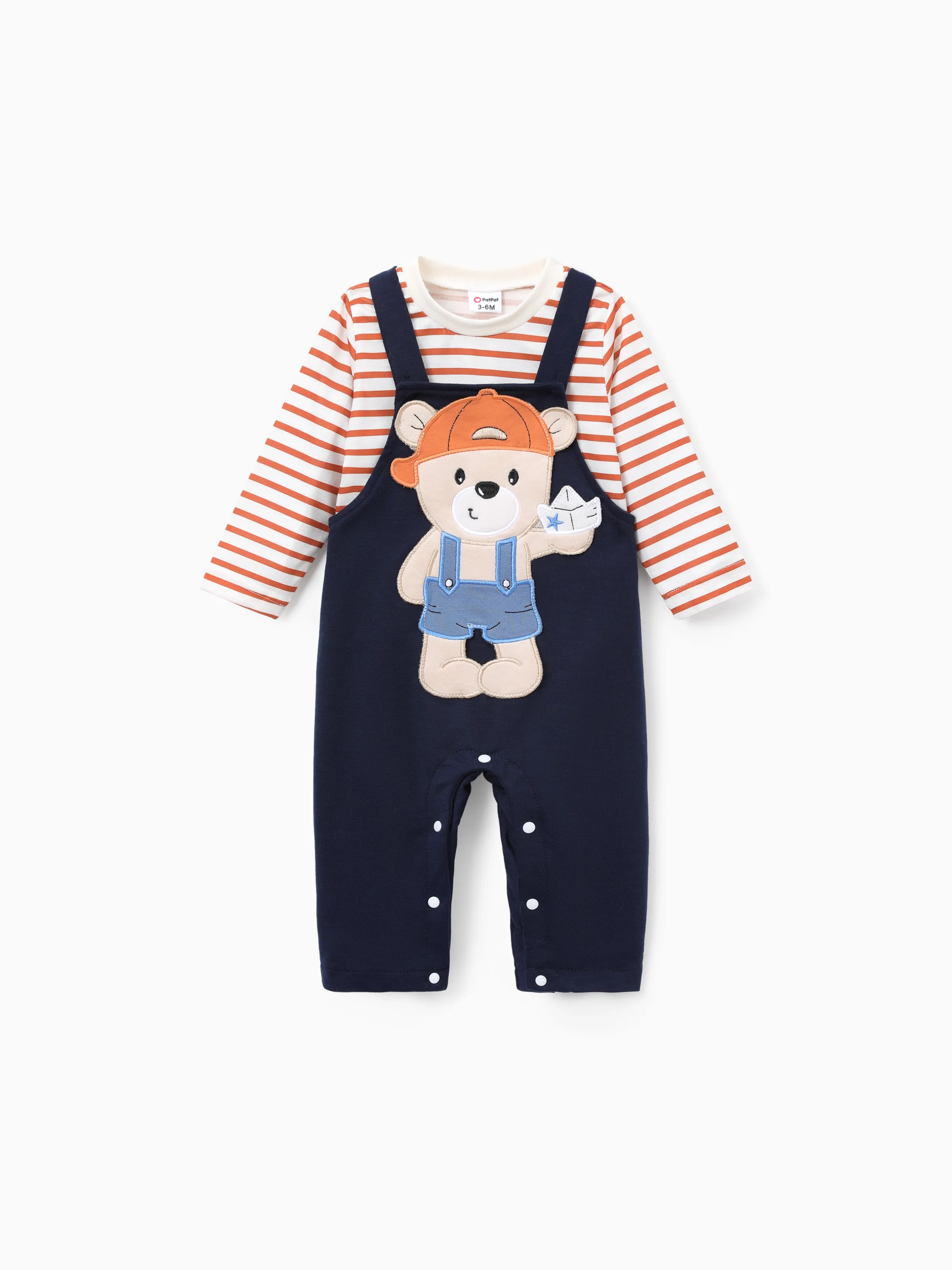 

SuperCuteCute Baby Boy 2pcs Stripe Tee and Bear Embroidered Overalls Set