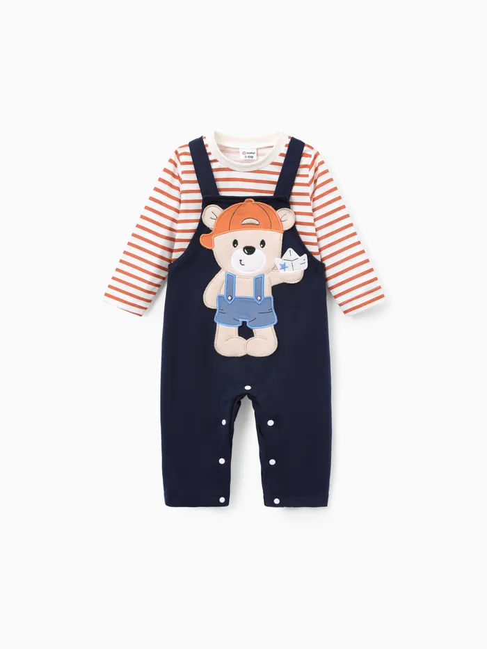 SuperCuteCute Baby Boy 2pcs Stripe Tee and Bear Embroidered Overalls Set