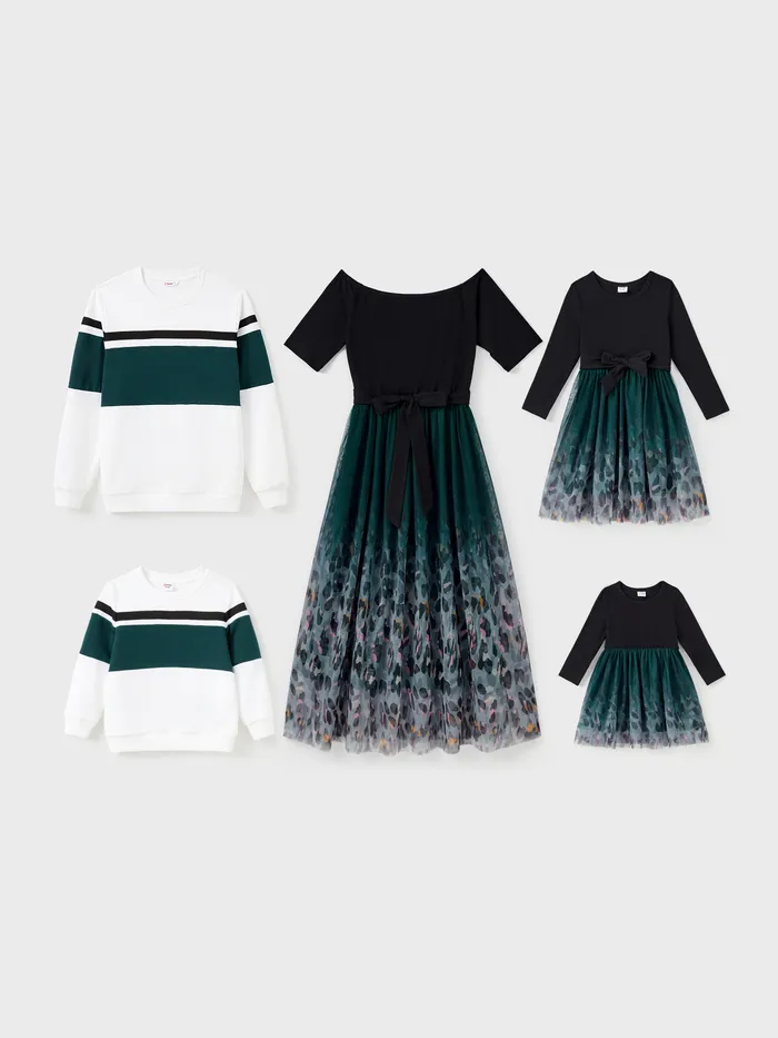 Family Matching Sets Long Sleeves Sweatshirt or Off-Shoulder Leopard Print Tulle Mesh Dress