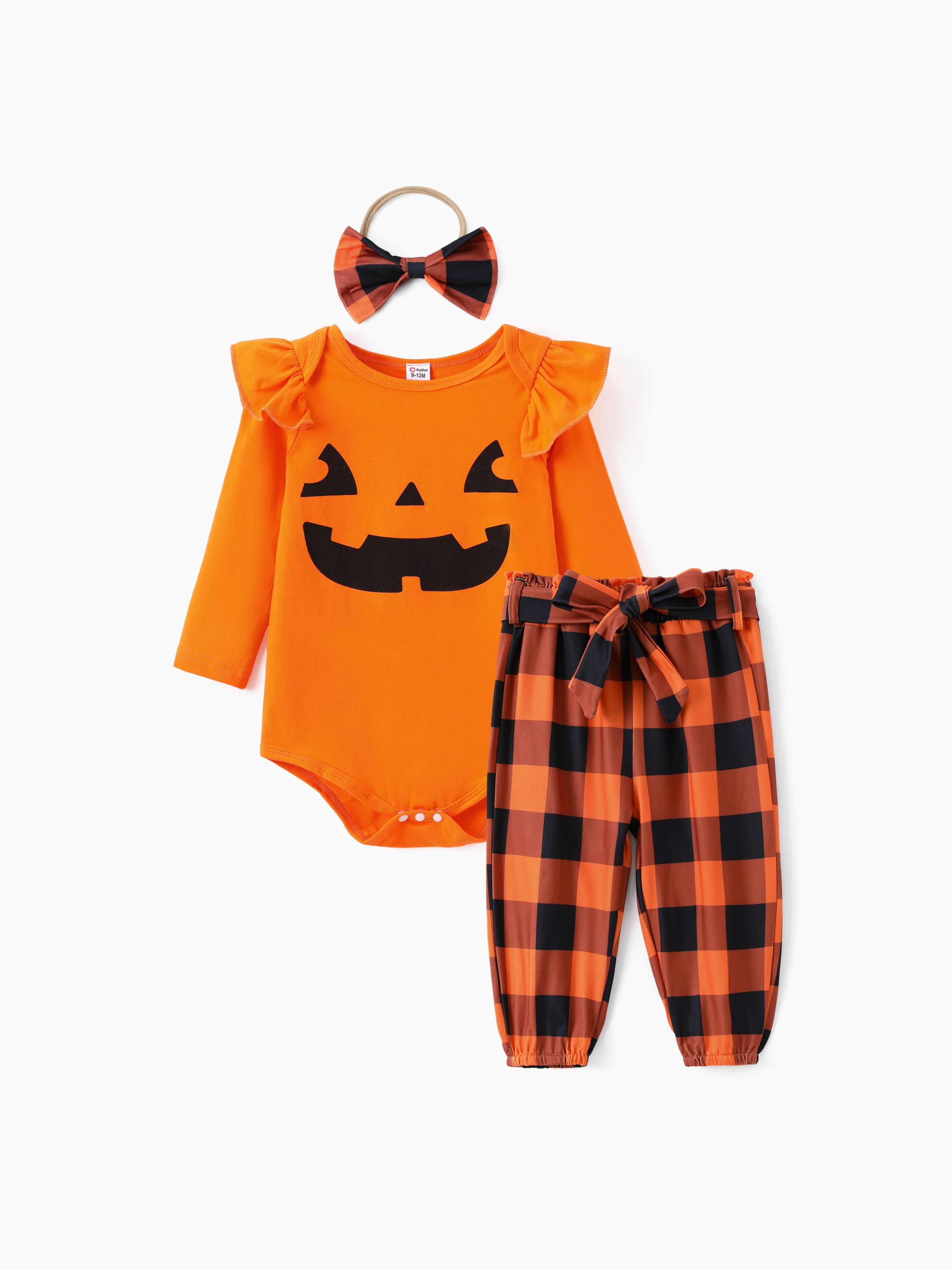 

Baby Girl Halloween 3pcs Romper and Grid Print Pants with Headband Set