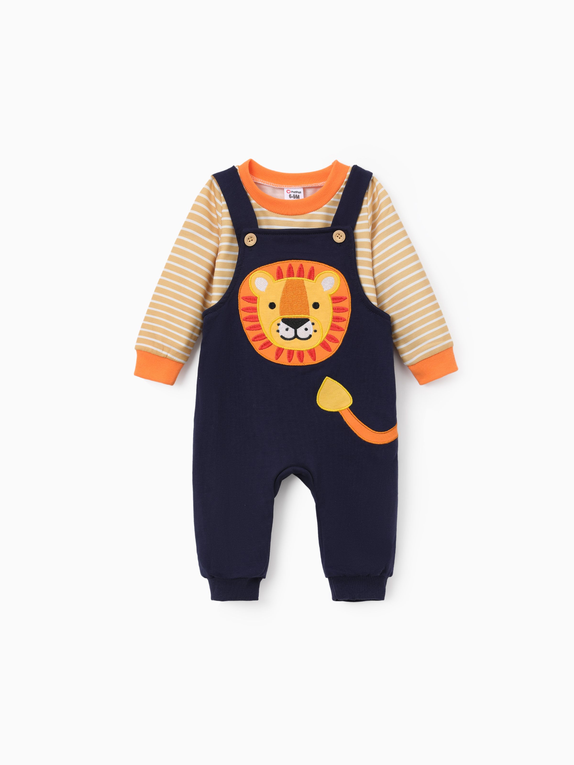 

SuperCuteCute Baby Boy 2pcs Stripe Sweatshirt and Lion Embroidered Overalls Set