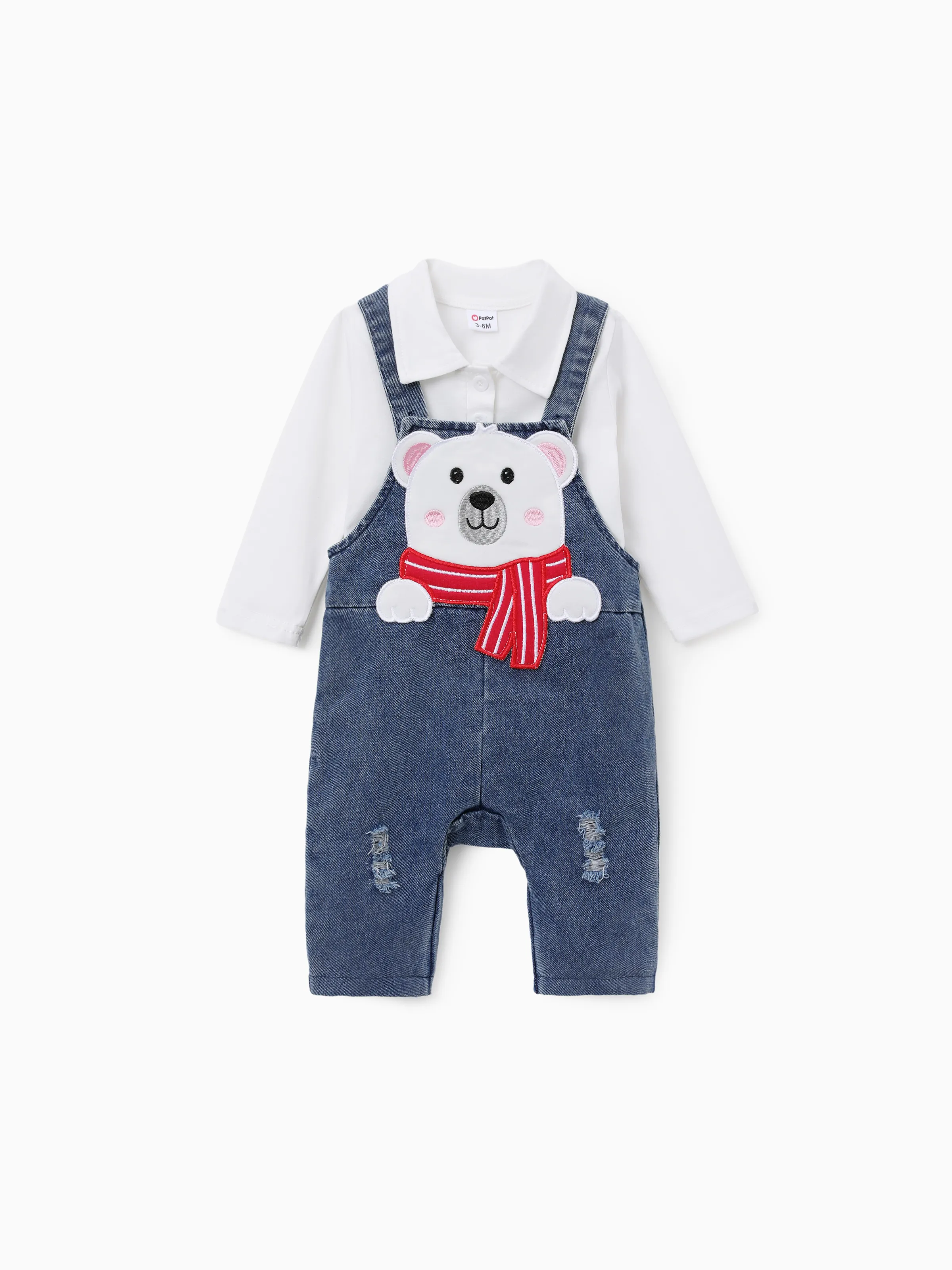 

SuperCuteCute Baby Boy 2pcs Polo Shirt and Bear Embroidered Denim Overalls Set