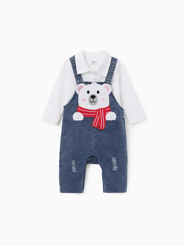 SuperCuteCute Baby Boy 2pcs Polo Shirt and Bear Embroidered Denim Overalls Set