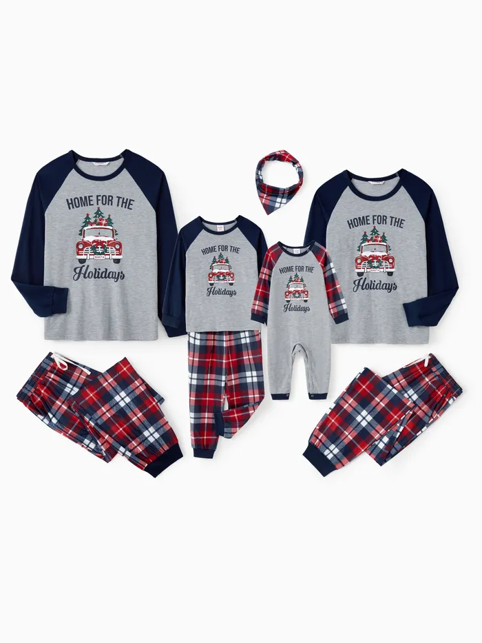 Christmas Family Raglan Sleeves Christmas Tree Delivery Truck Graphic Plaid Pants Pajamas Sets with Drawstring and Pockets 