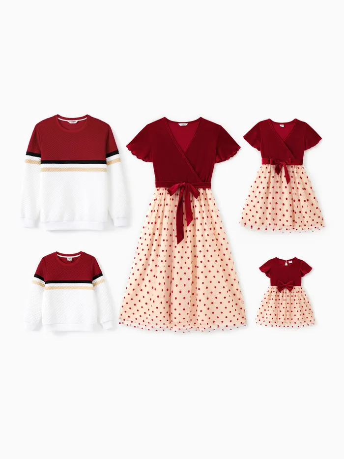 Family Matching Sets Color Block Sweatshirt or Red Velvet Polka Dots Mesh Tulle Dress with Hidden Snap Button